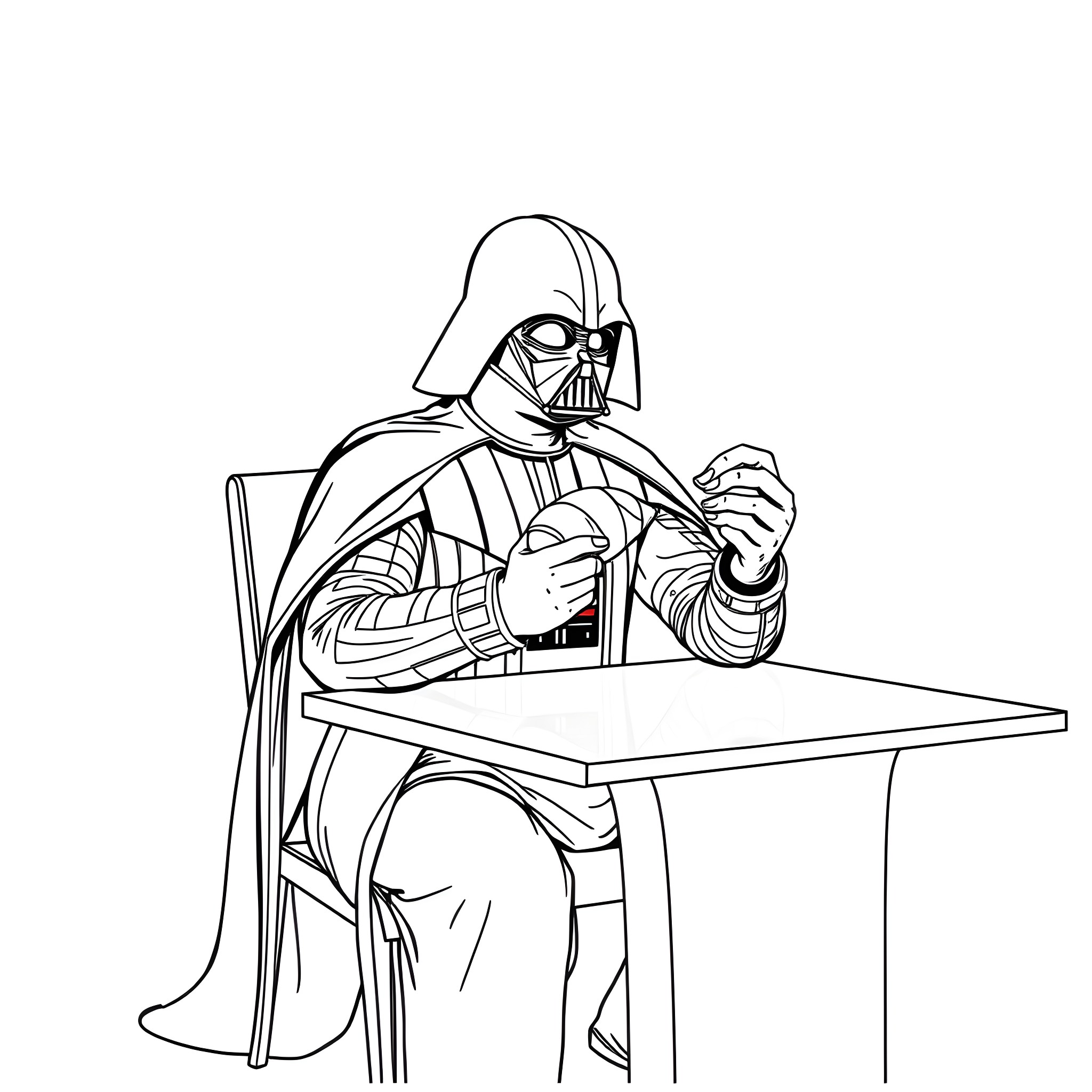 Darth Vader sitting at a table Coloring Page (free black-and-white line drawing printable PDF for all, from beginners to advanced learners, including children, teens, adults, and seniors)
