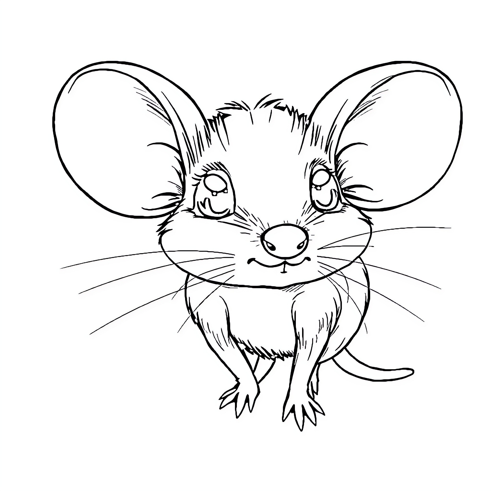 Mouska's Playful Encounter Coloring Page (free black-and-white line drawing printable PDF for all, from beginners to advanced learners, including children, teens, adults, and seniors)
