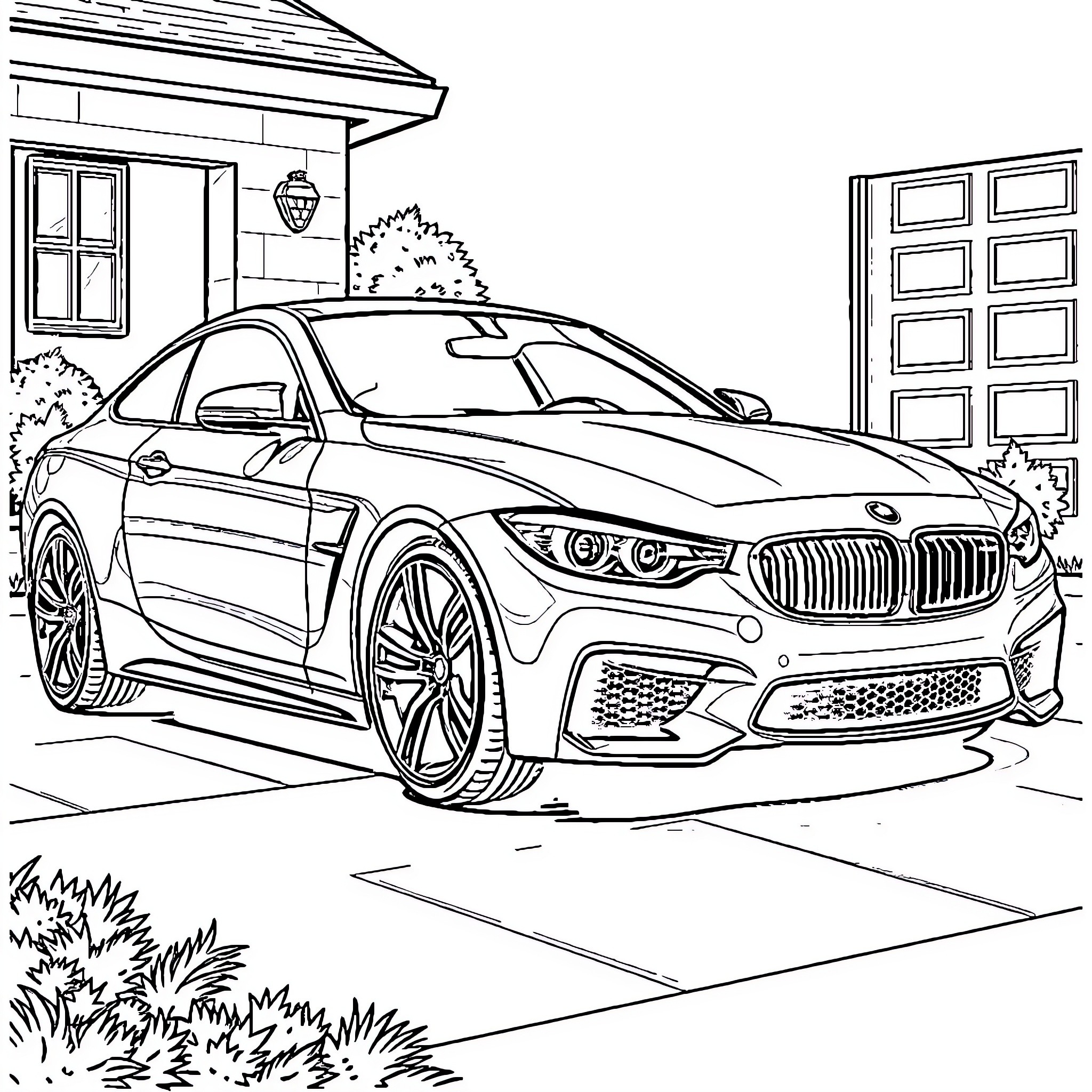 Car parked in front of house with details Coloring Page (free black-and-white line drawing printable PDF for all, from beginners to advanced learners, including children, teens, adults, and seniors)