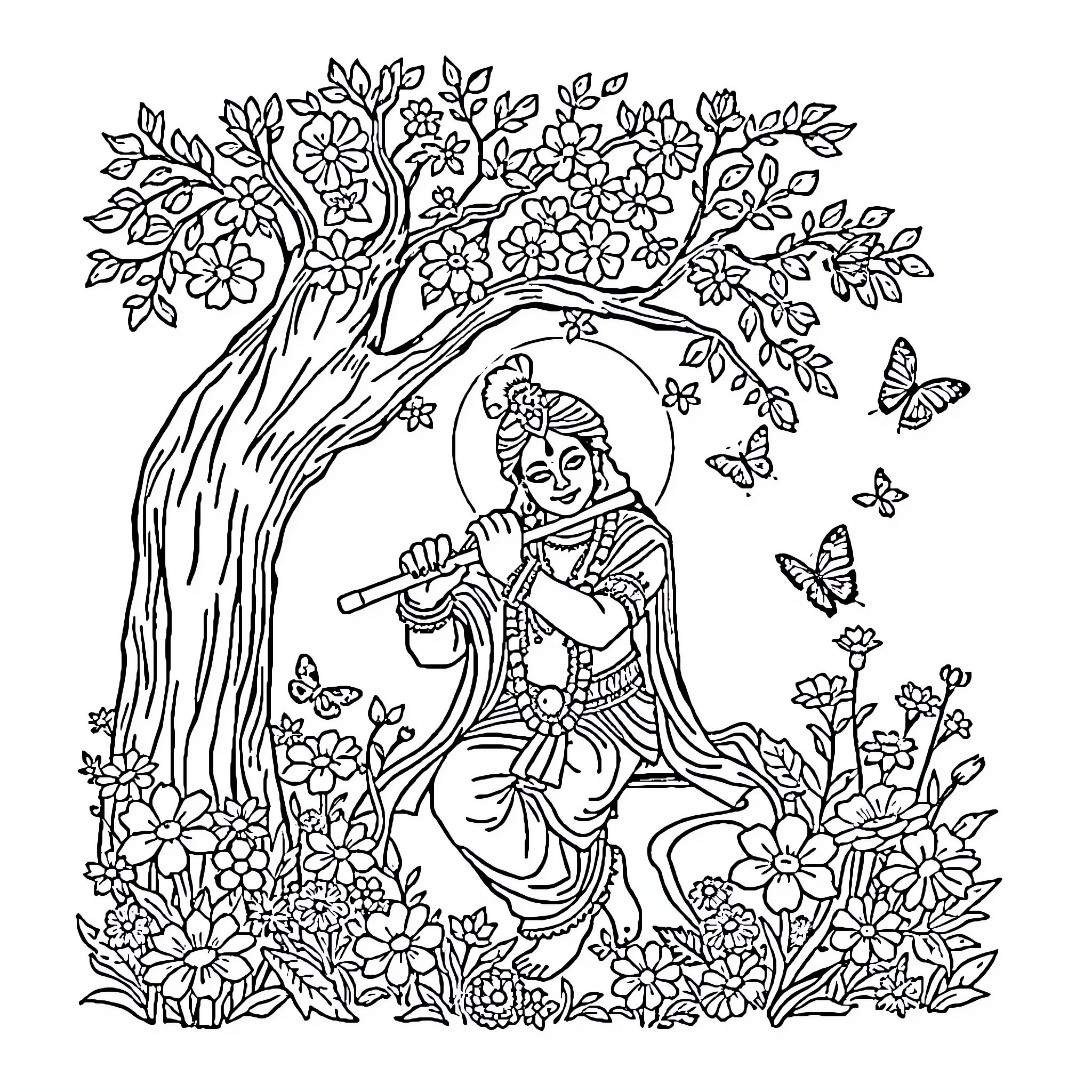 Krishna playing the flute in a serene garden Coloring Page (free black-and-white line drawing printable PDF for all, from beginners to advanced learners, including children, teens, adults, and seniors)