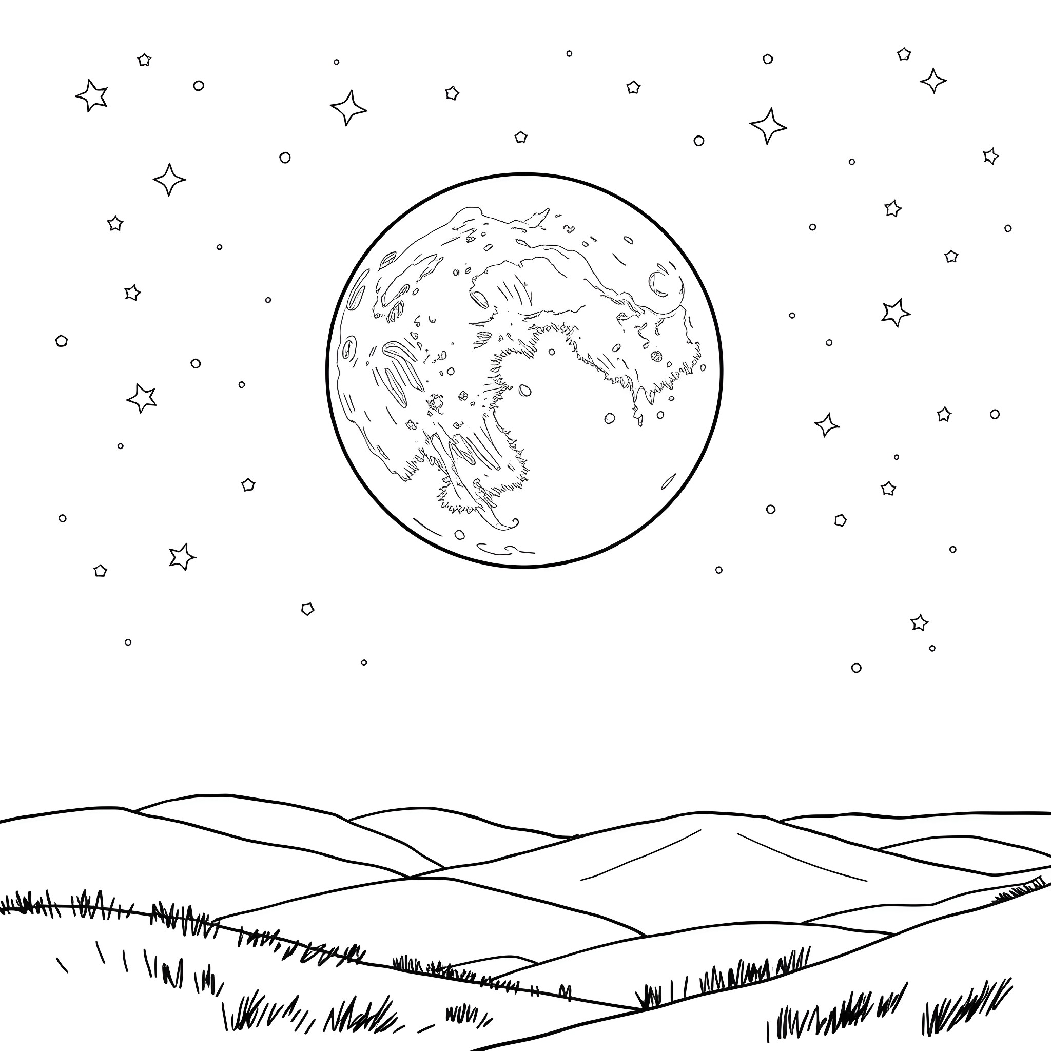 Moon shining brightly over the starry night landscape Coloring Page (free black-and-white line drawing printable PDF for all, from beginners to advanced learners, including children, teens, adults, and seniors)