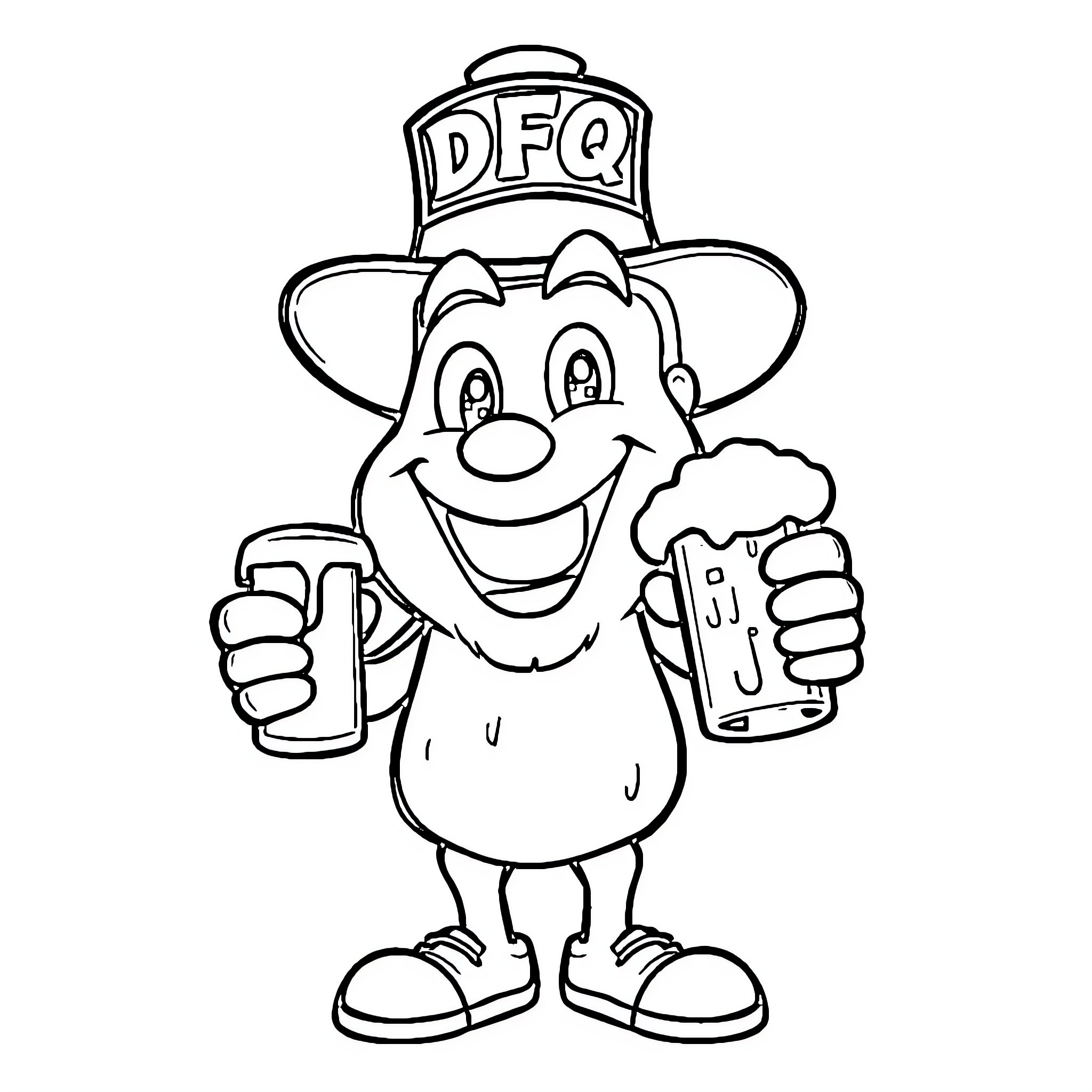Mascot happily serving food and drink Coloring Page (free black-and-white line drawing printable PDF for all, from beginners to advanced learners, including children, teens, adults, and seniors)