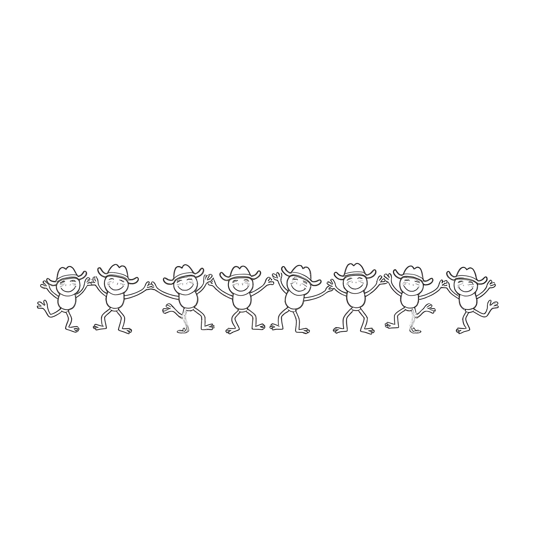 Frog characters dancing in a row Coloring Page (free black-and-white line drawing printable PDF for all, from beginners to advanced learners, including children, teens, adults, and seniors)