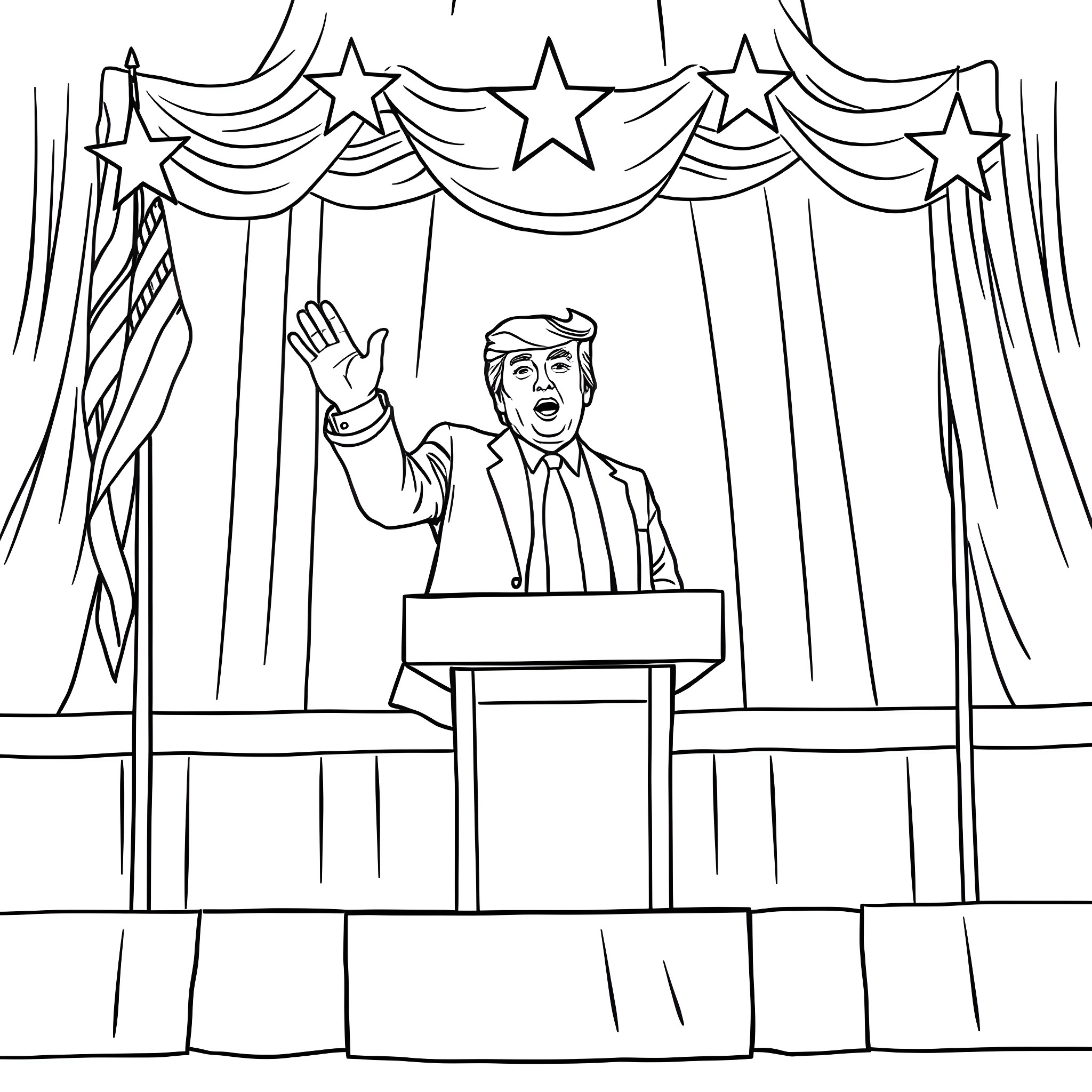 Trump speaking passionately on stage with patriotic decorations Coloring Page (free black-and-white line drawing printable PDF for all, from beginners to advanced learners, including children, teens, adults, and seniors)