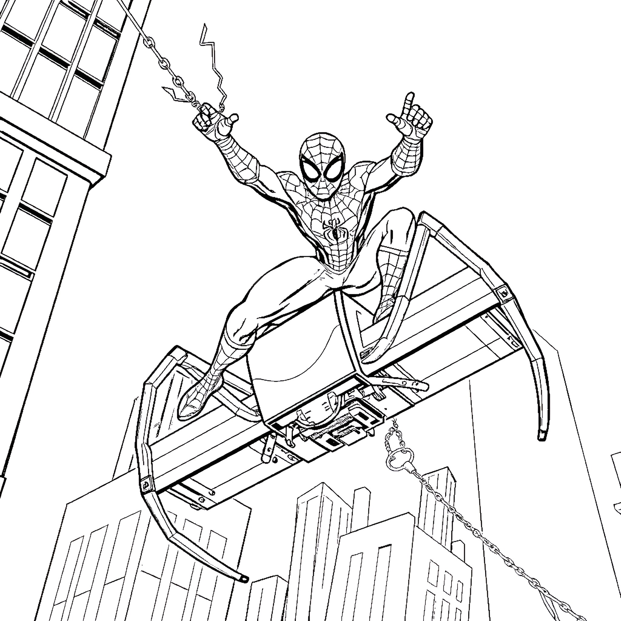 Spider-Man swinging heroically through the city Coloring Page (free black-and-white line drawing printable PDF for all, from beginners to advanced learners, including children, teens, adults, and seniors)