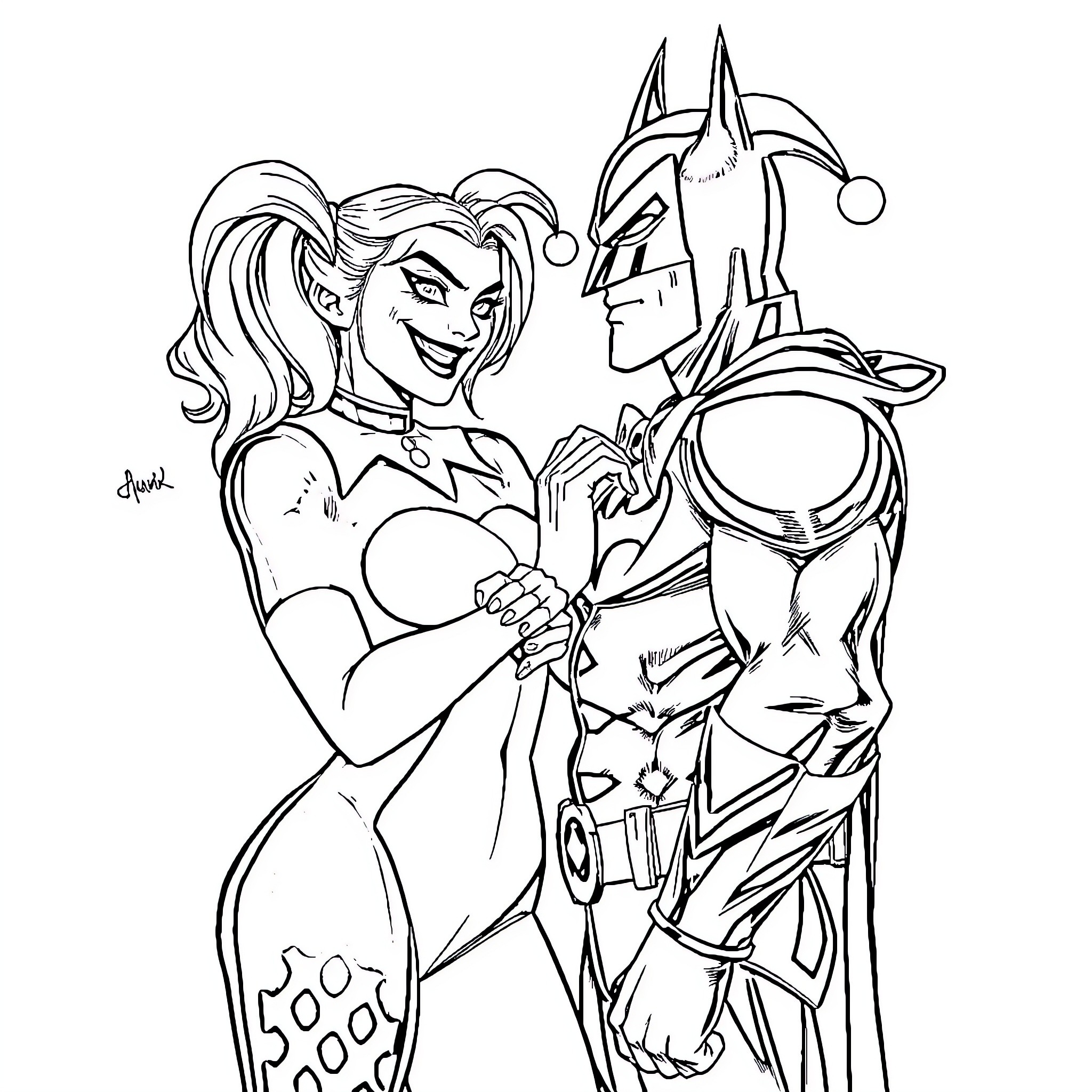 Harley Quinn and Batman sharing a moment Coloring Page (free black-and-white line drawing printable PDF for all, from beginners to advanced learners, including children, teens, adults, and seniors)