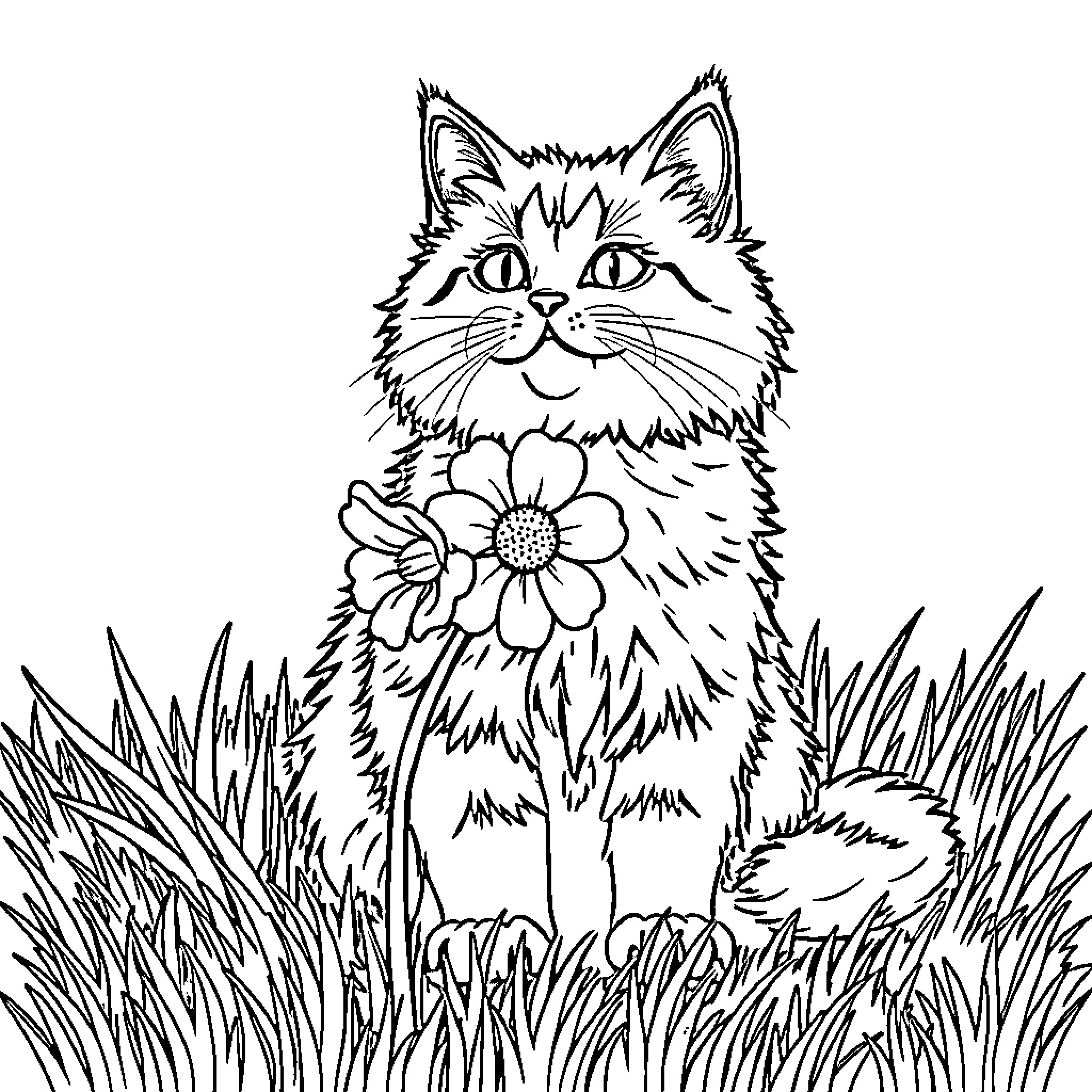 Cat with flower in grassy field Coloring Page (free black-and-white line drawing printable PDF for all, from beginners to advanced learners, including children, teens, adults, and seniors)