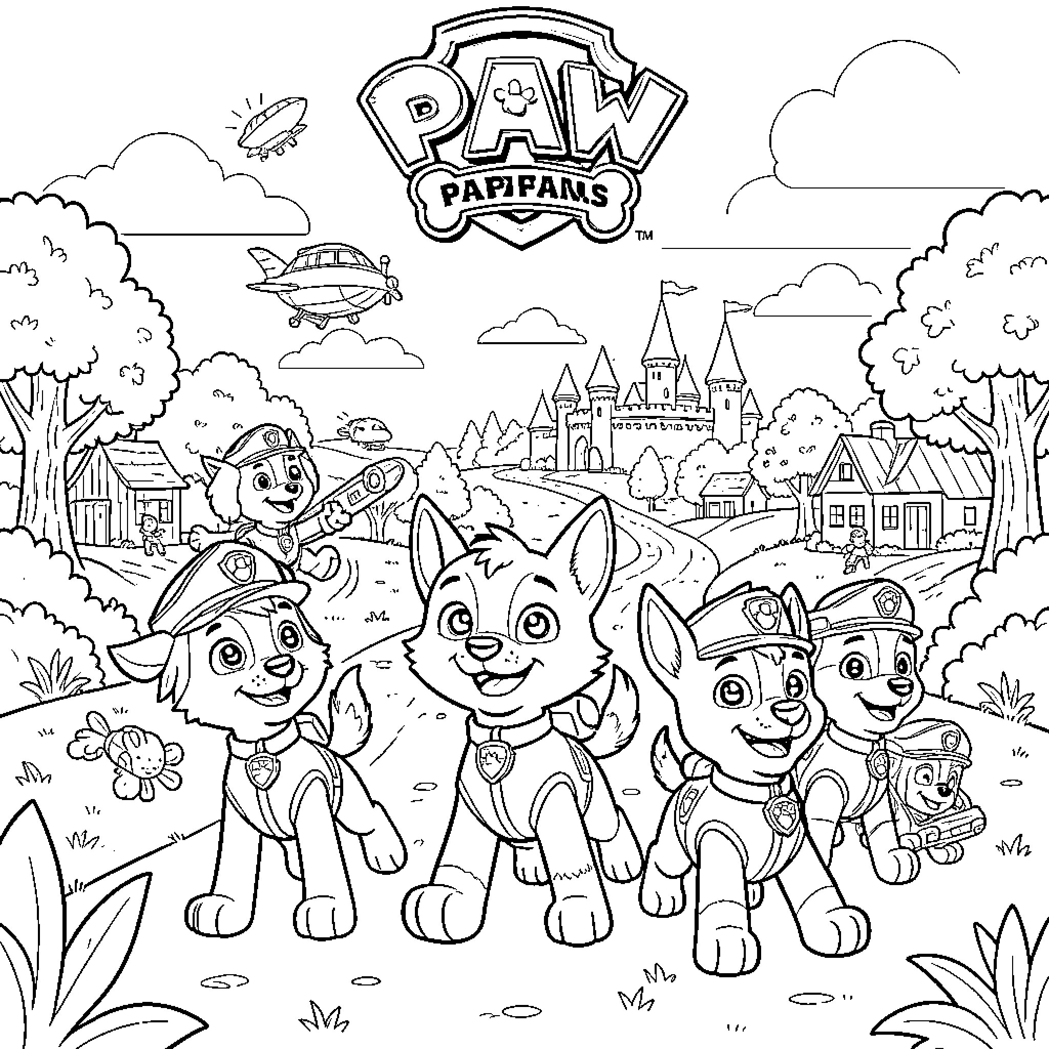 Gabycat and the Paw Patrol Pups' Adventure Coloring Page (free black-and-white line drawing printable PDF for all, from beginners to advanced learners, including children, teens, adults, and seniors)