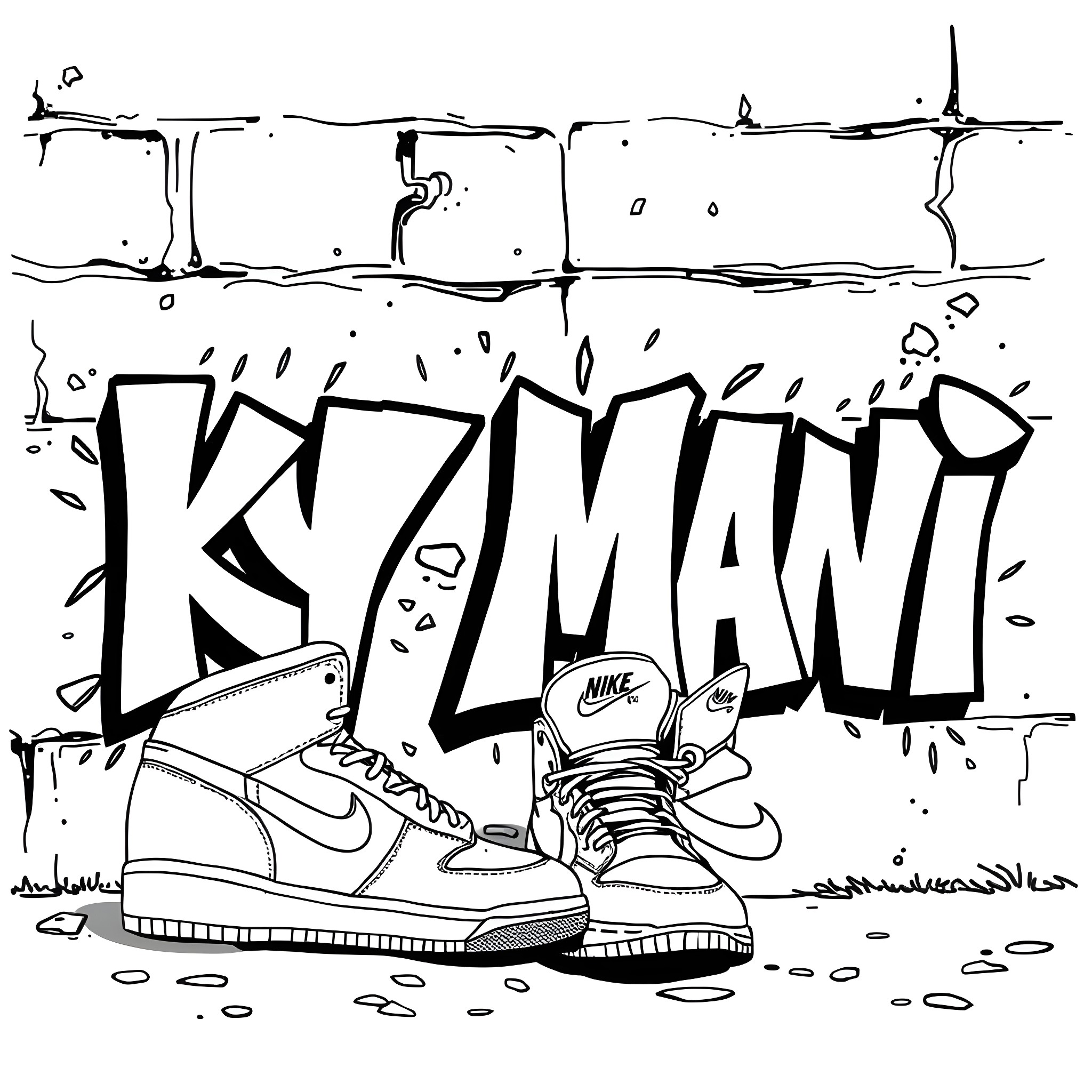 Ky Mani: Graffiti, Shoes, and Cityscape Coloring Page (free black-and-white line drawing printable PDF for all, from beginners to advanced learners, including children, teens, adults, and seniors)