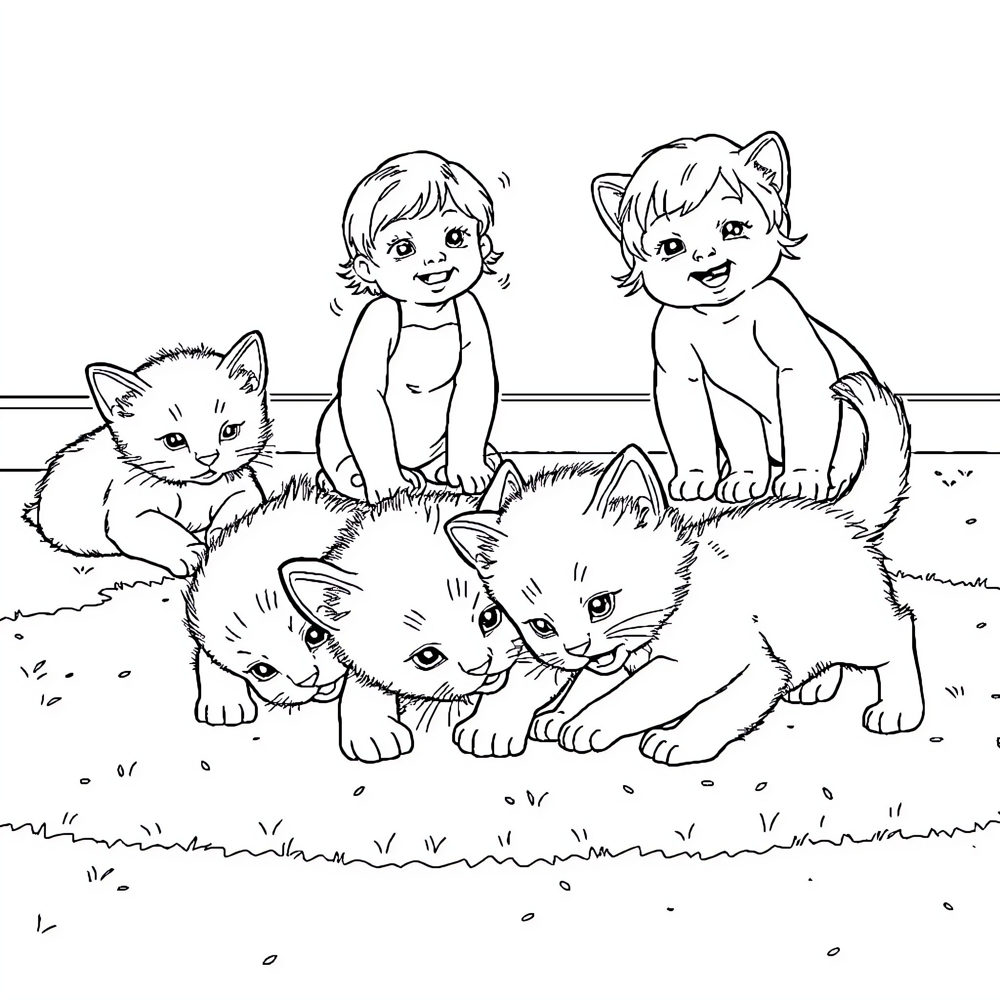 Kittens playing with children in the grass Coloring Page (free black-and-white line drawing printable PDF for all, from beginners to advanced learners, including children, teens, adults, and seniors)
