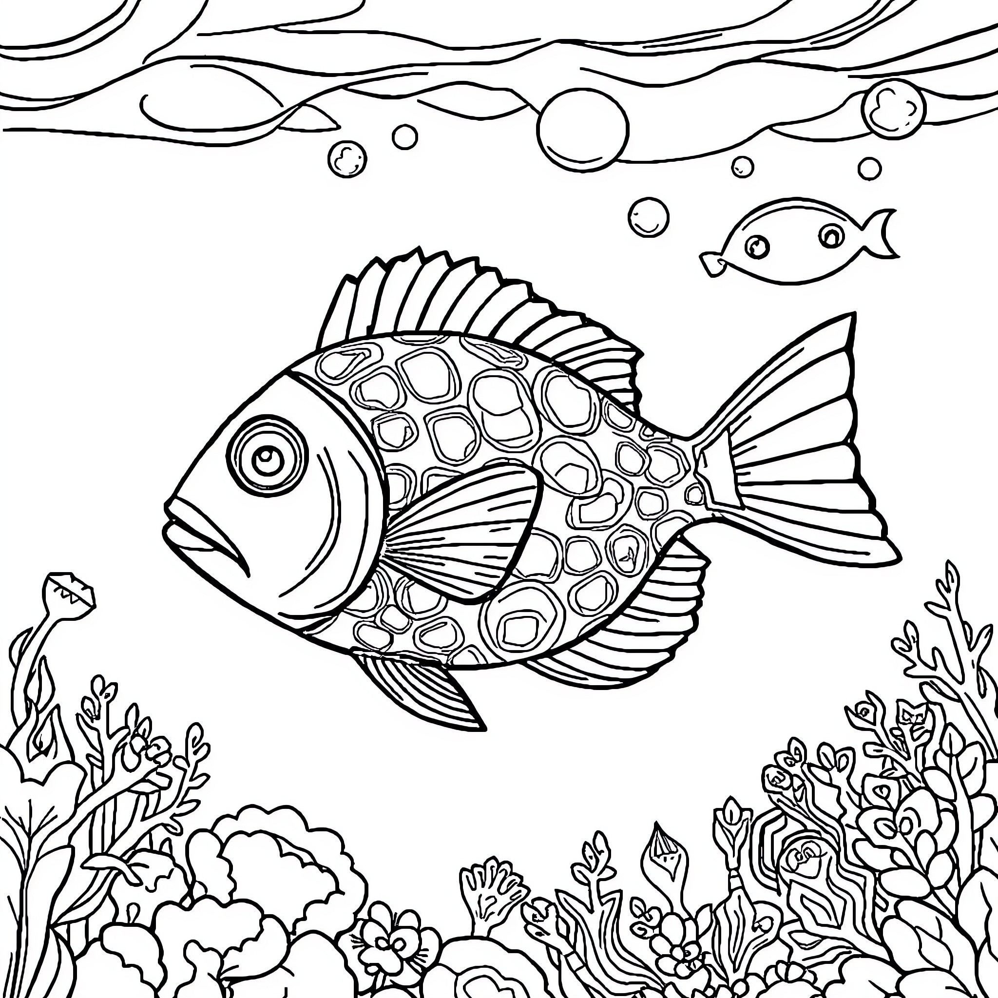 Fish swimming among underwater plants and bubbles Coloring Page (free black-and-white line drawing printable PDF for all, from beginners to advanced learners, including children, teens, adults, and seniors)