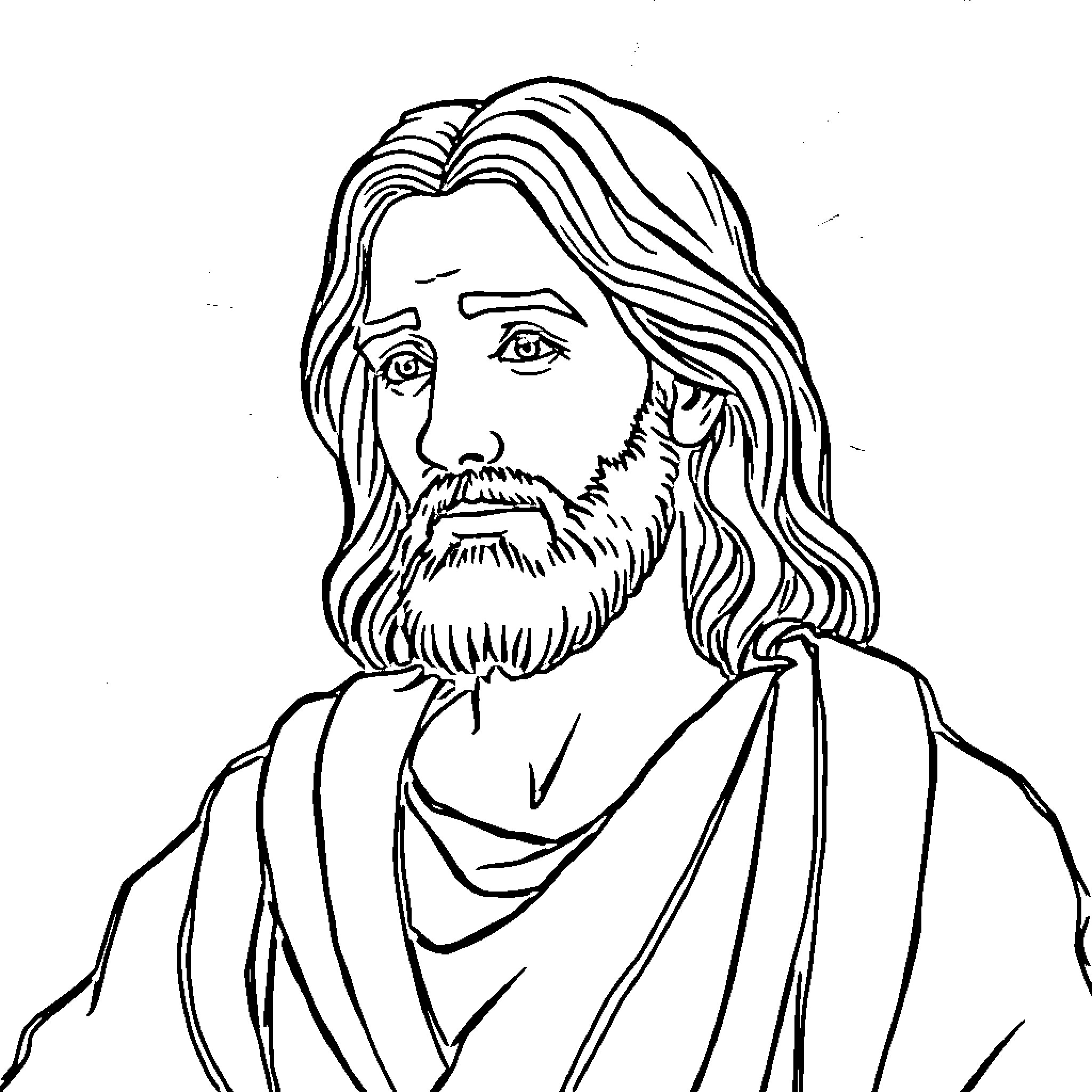Jesus with long hair and beard Coloring Page (free black-and-white line drawing printable PDF for all, from beginners to advanced learners, including children, teens, adults, and seniors)