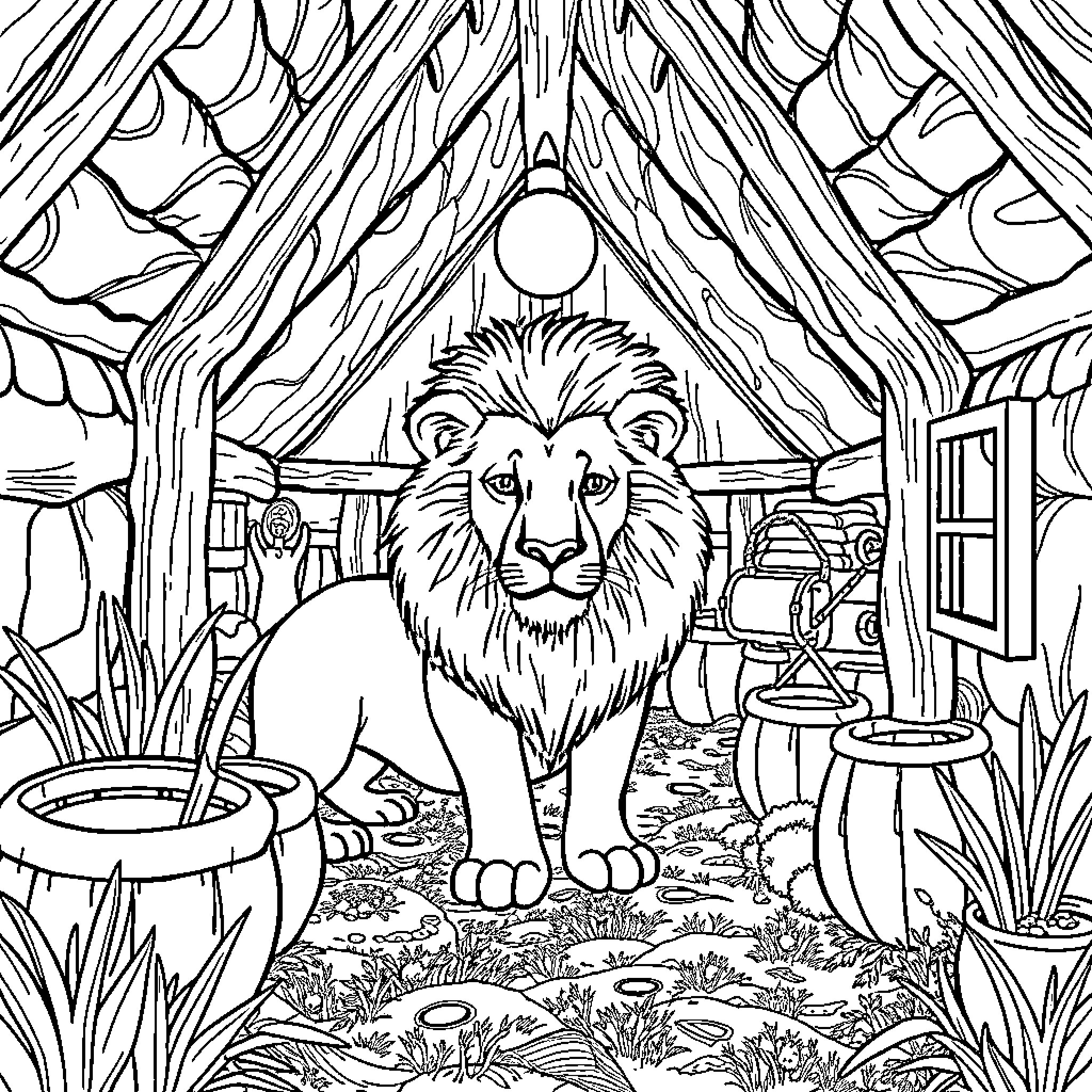 Lion guarding its territory in the wilderness Coloring Page (free black-and-white line drawing printable PDF for all, from beginners to advanced learners, including children, teens, adults, and seniors)