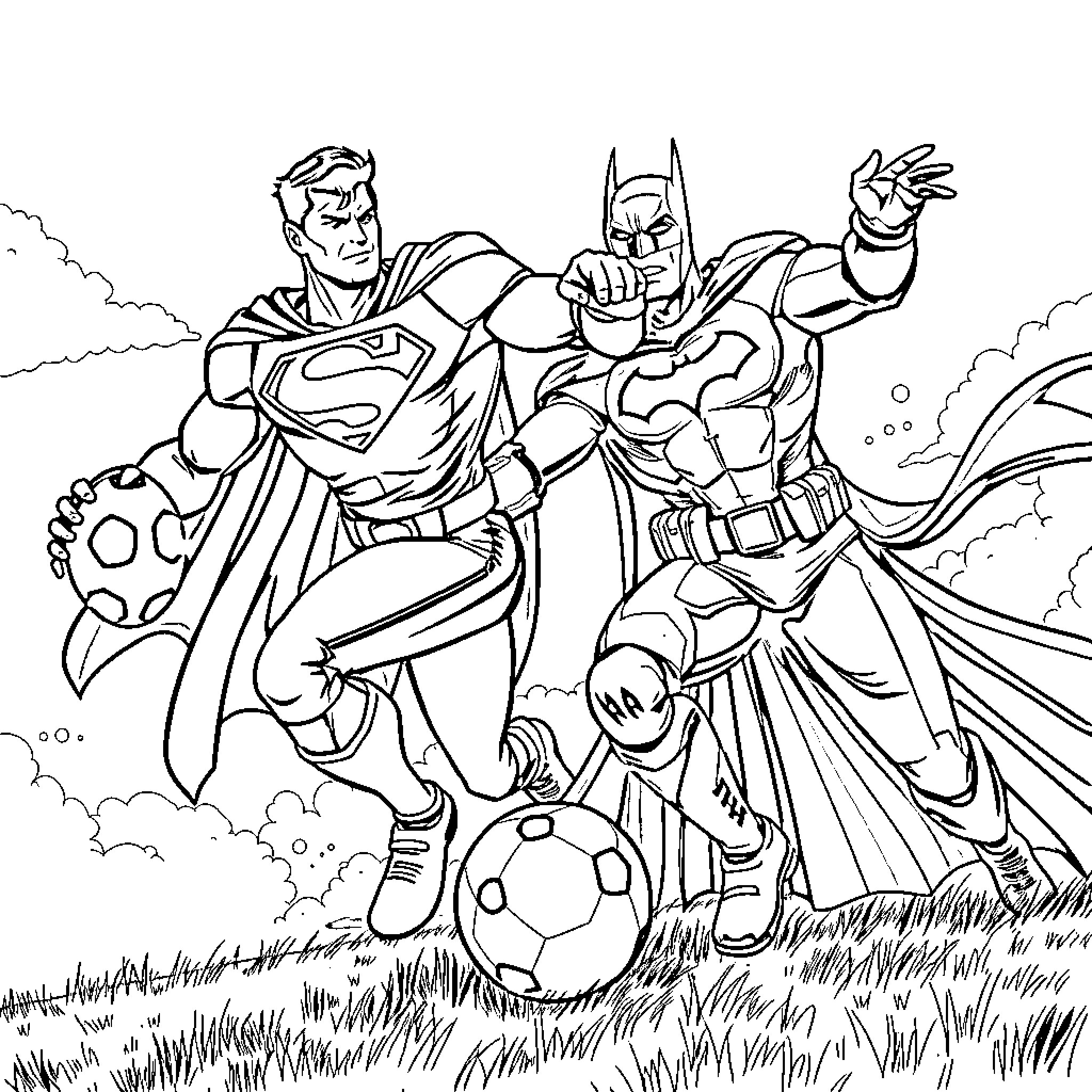 Superman and Batman Saving the Day Together Coloring Page (free black-and-white line drawing printable PDF for all, from beginners to advanced learners, including children, teens, adults, and seniors)