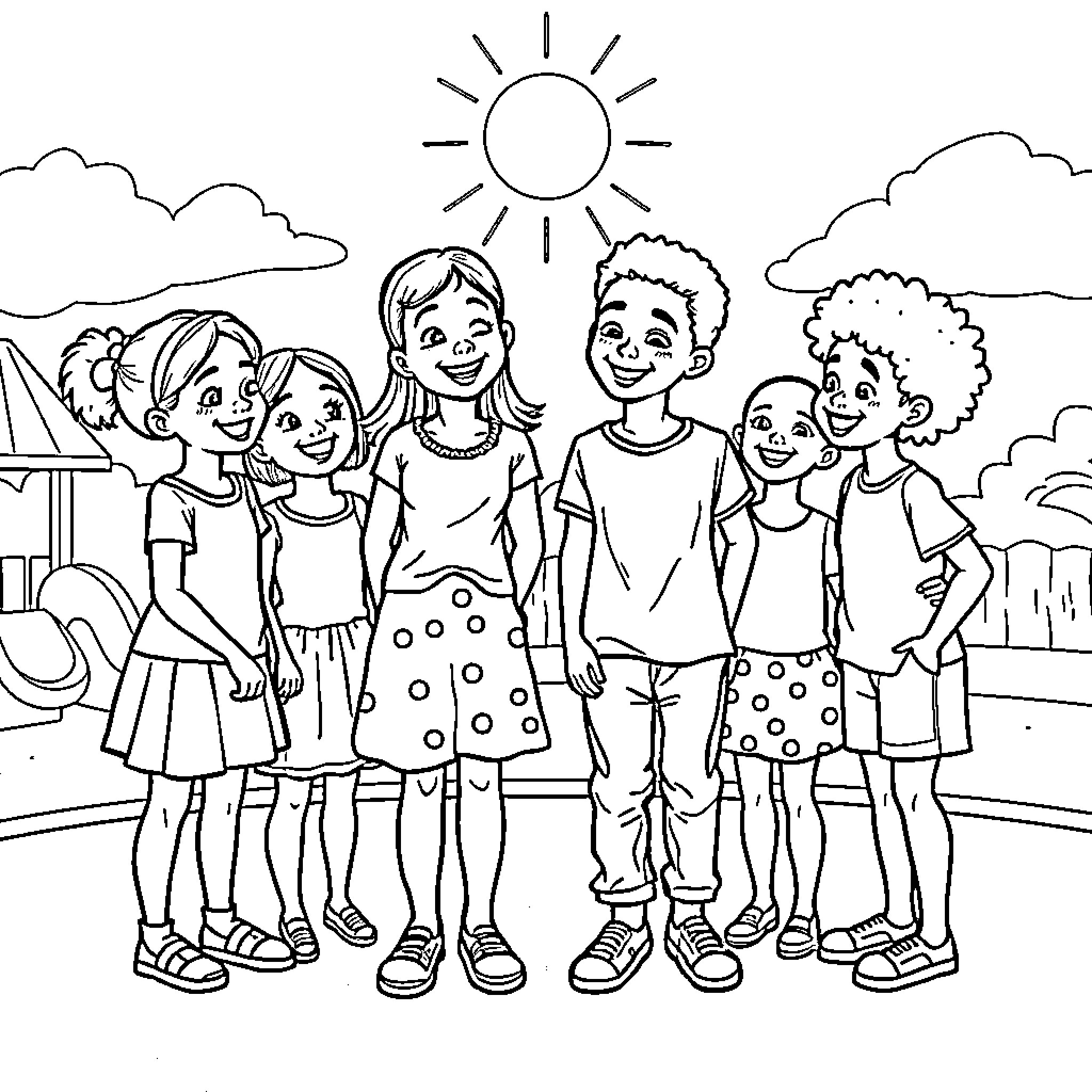 Kid friends playing outdoors on sunny day Coloring Page (free black-and-white line drawing printable PDF for all, from beginners to advanced learners, including children, teens, adults, and seniors)