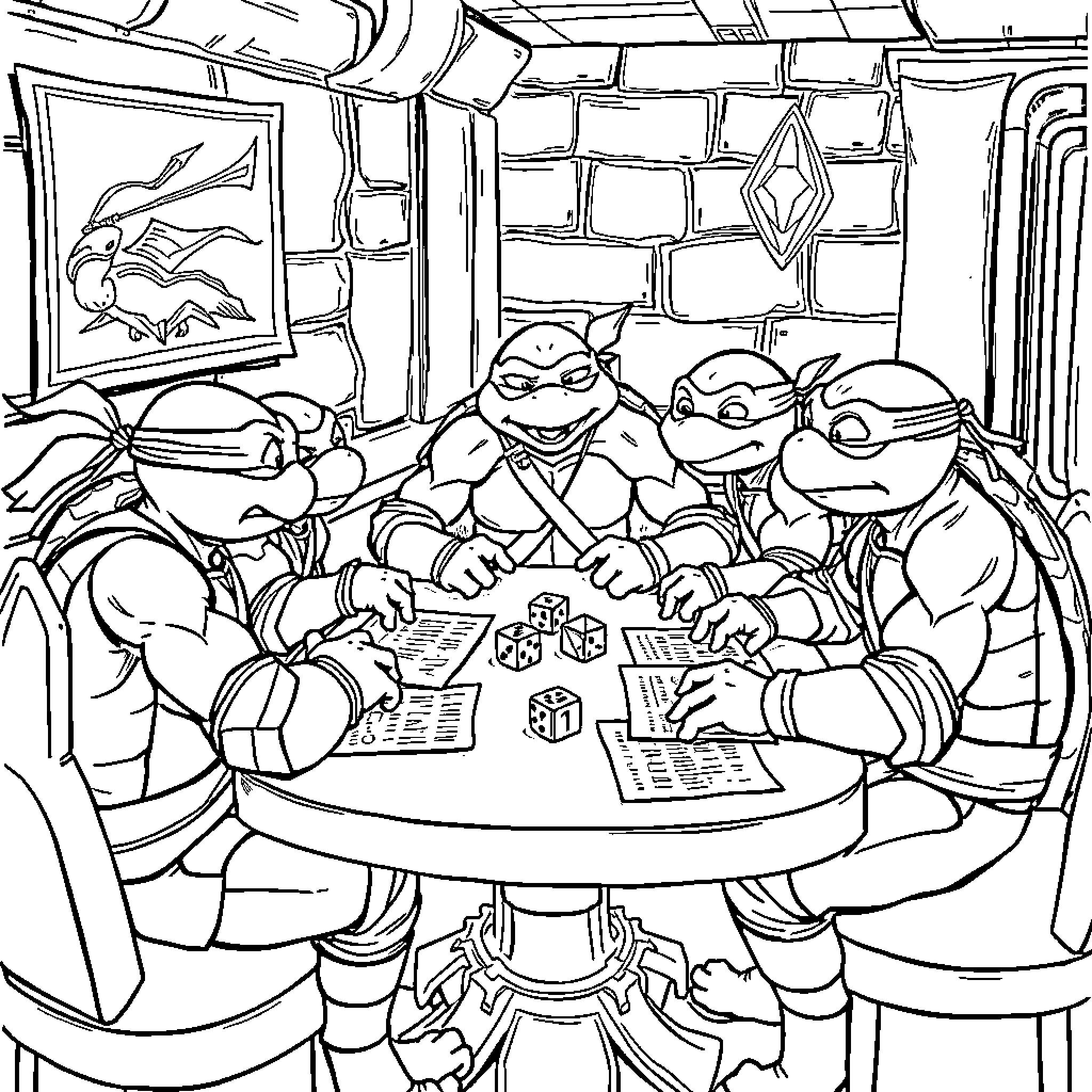 Teenage Mutant Ninja Turtles playing games in their lair Coloring Page (free black-and-white line drawing printable PDF for all, from beginners to advanced learners, including children, teens, adults, and seniors)