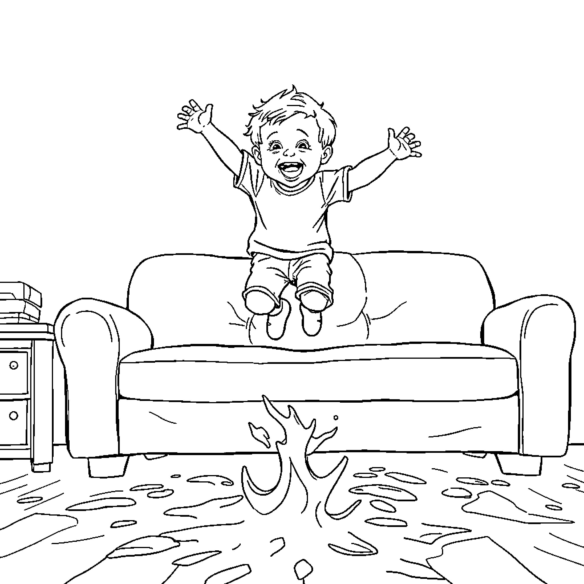 Toddler joyfully jumping on couch Coloring Page (free black-and-white line drawing printable PDF for all, from beginners to advanced learners, including children, teens, adults, and seniors)