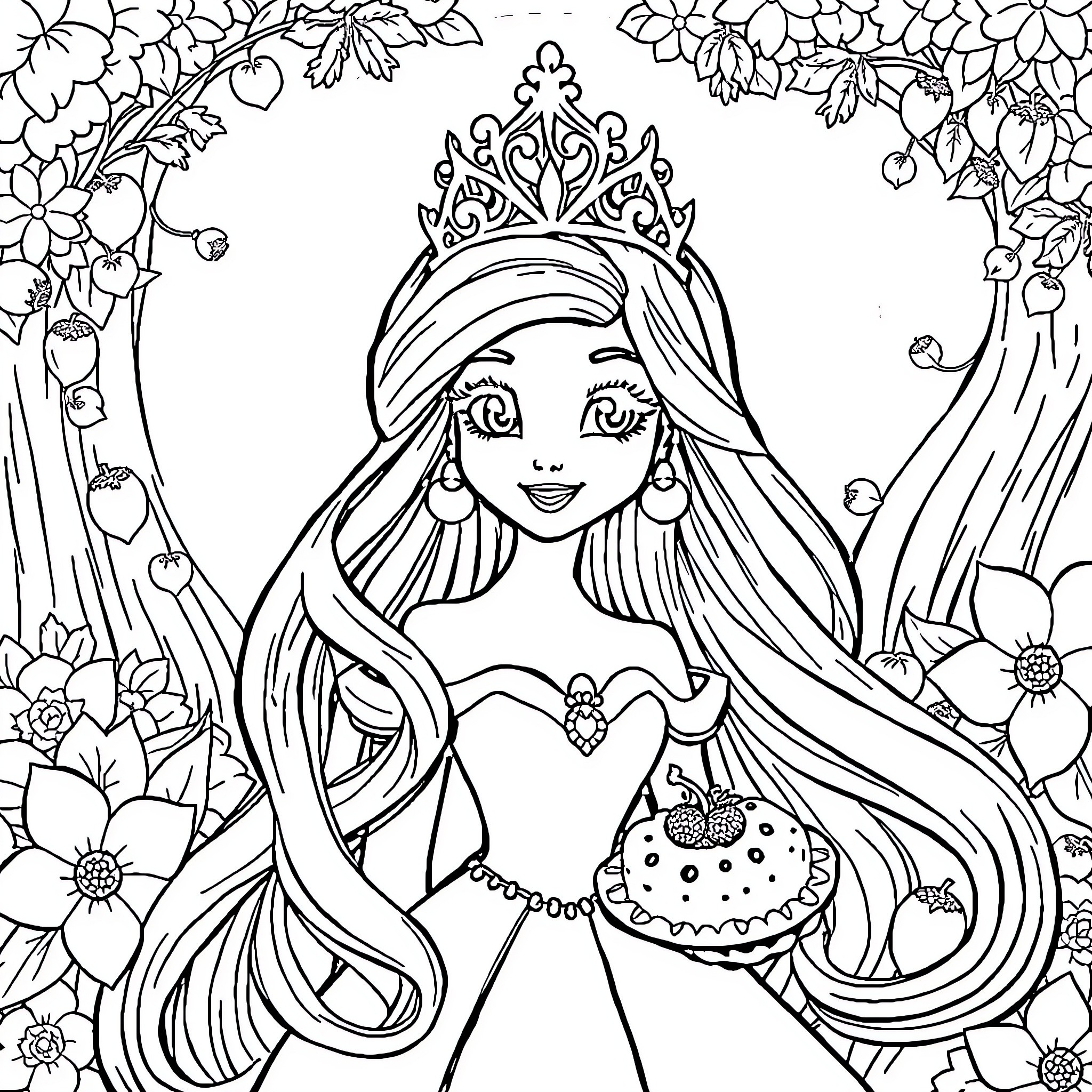 Raiponce's princess portrait with floral background Coloring Page (free black-and-white line drawing printable PDF for all, from beginners to advanced learners, including children, teens, adults, and seniors)