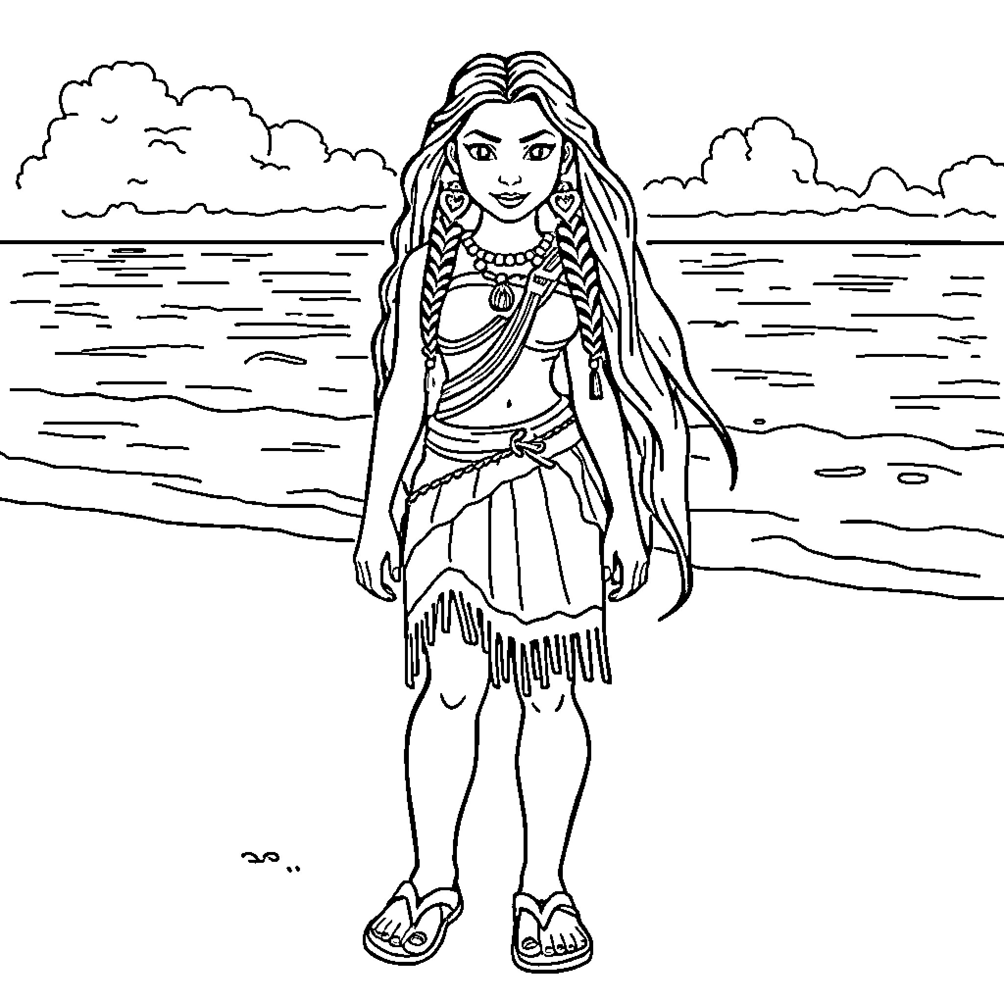 Pocahontas admiring the serene riverside scenery Coloring Page (free black-and-white line drawing printable PDF for all, from beginners to advanced learners, including children, teens, adults, and seniors)
