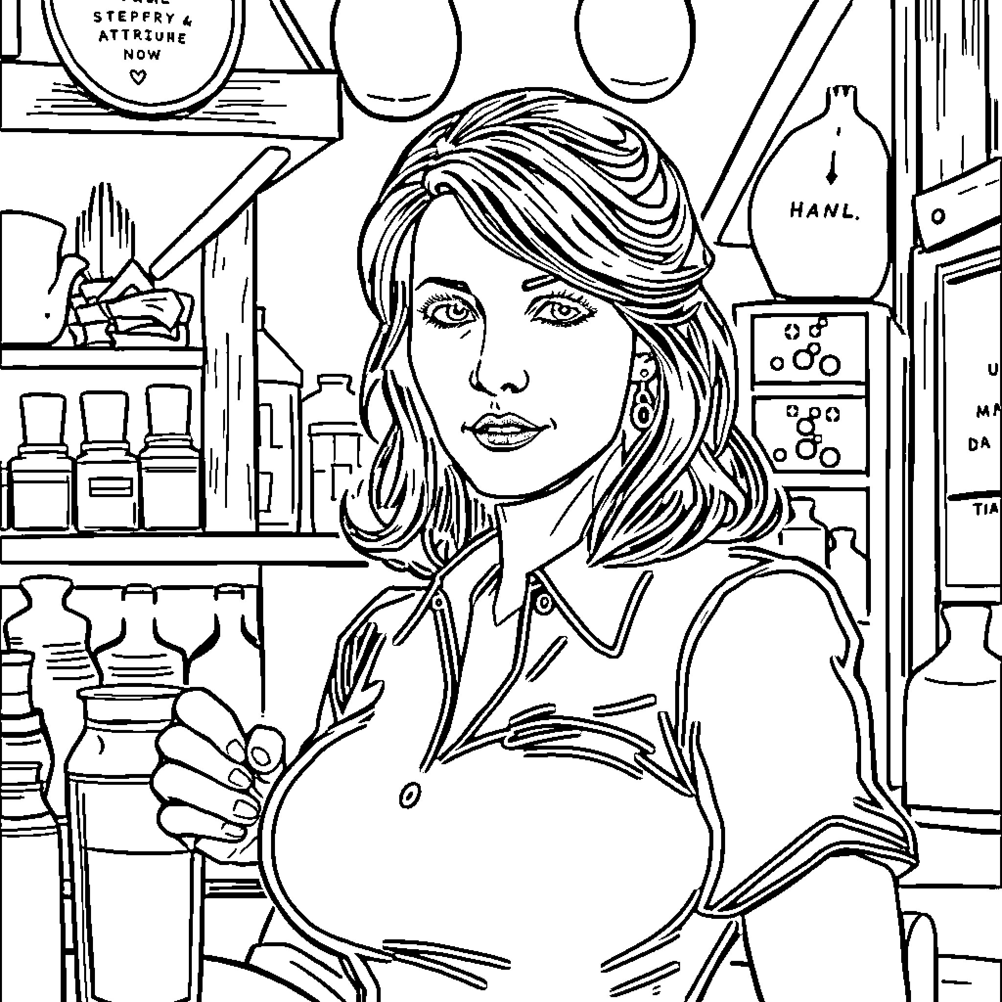 Sookie Stackhouse in a mysterious and intriguing environment Coloring Page (free black-and-white line drawing printable PDF for all, from beginners to advanced learners, including children, teens, adults, and seniors)