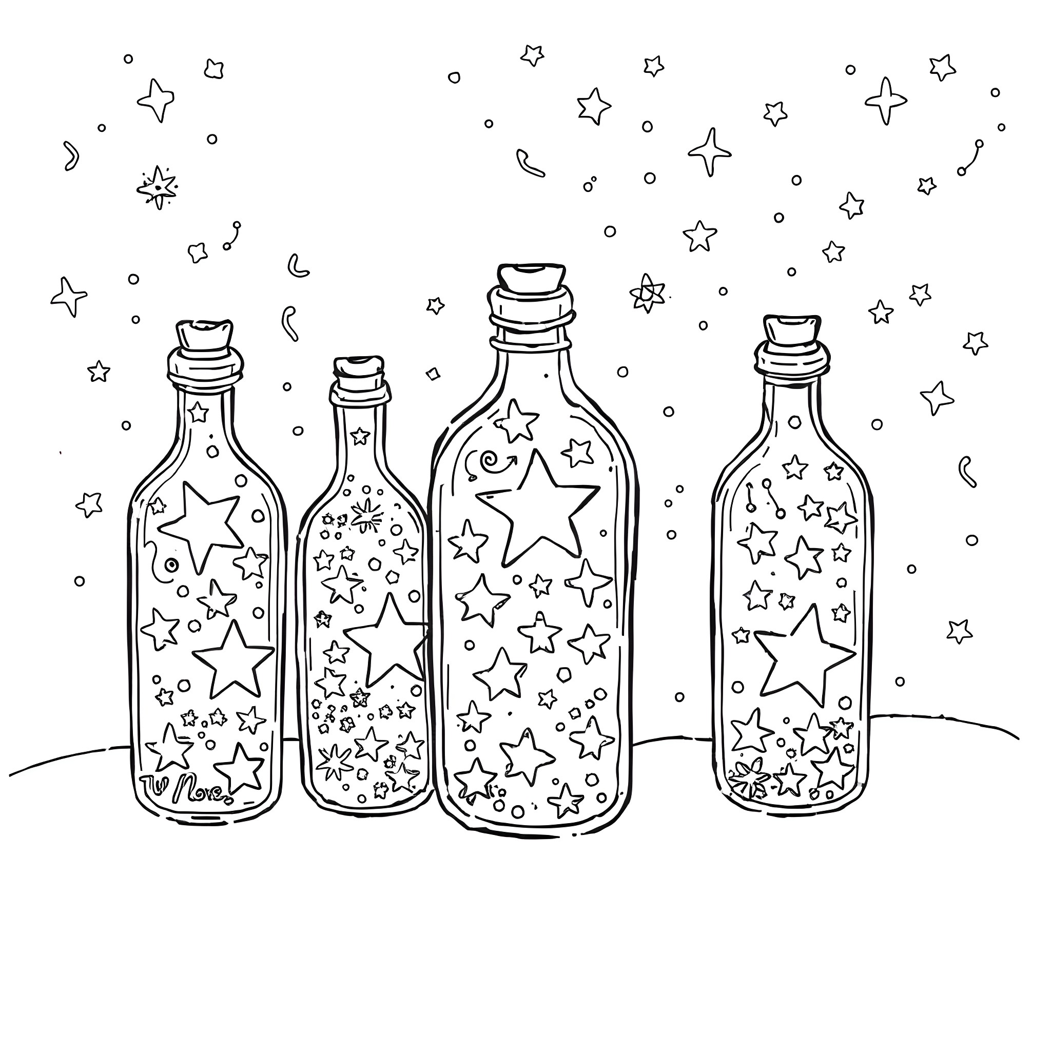 Bottle of stars in the night sky Coloring Page (free black-and-white line drawing printable PDF for all, from beginners to advanced learners, including children, teens, adults, and seniors)
