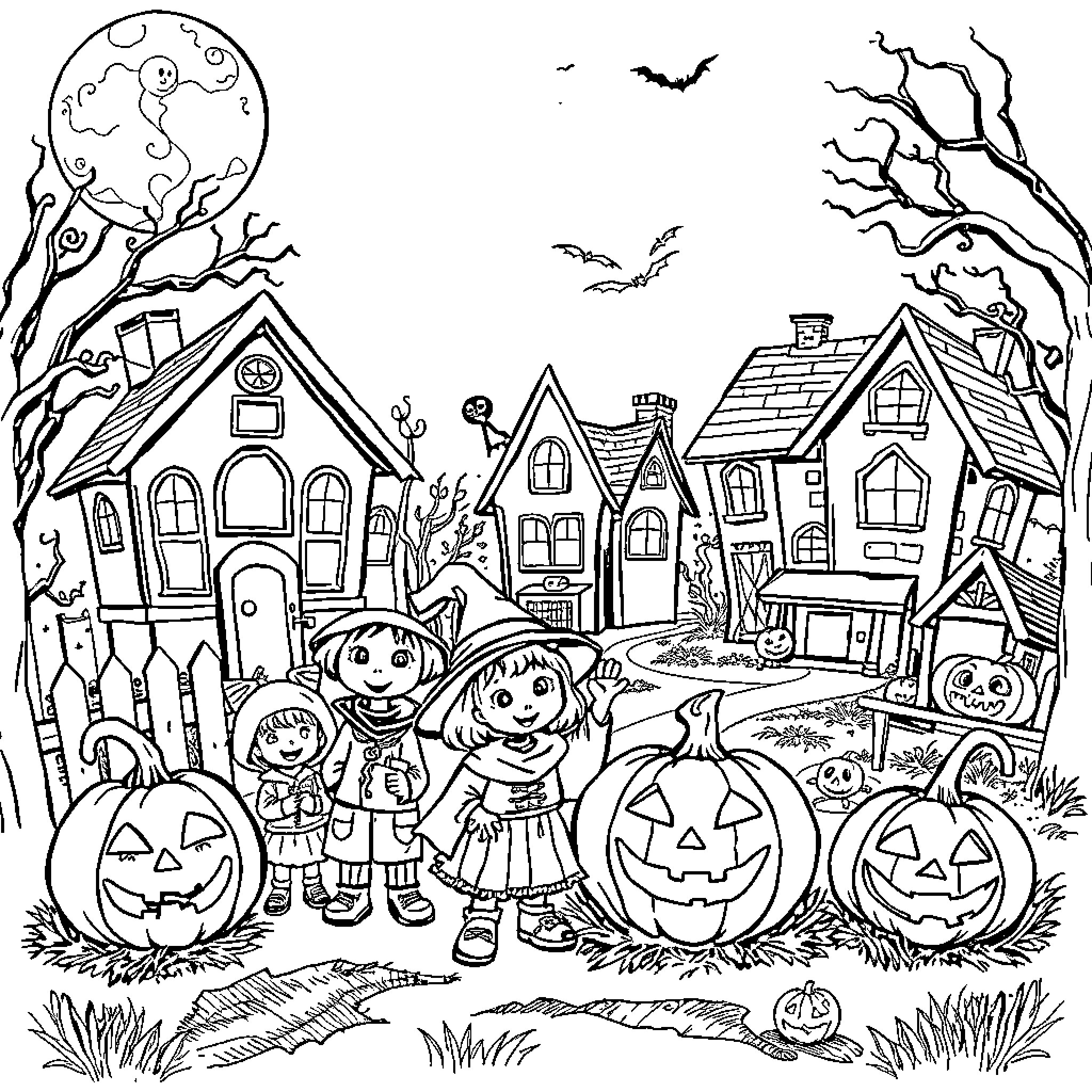 Halloween Trick-or-Treating in Spooky Neighborhood Coloring Page (free black-and-white line drawing printable PDF for all, from beginners to advanced learners, including children, teens, adults, and seniors)