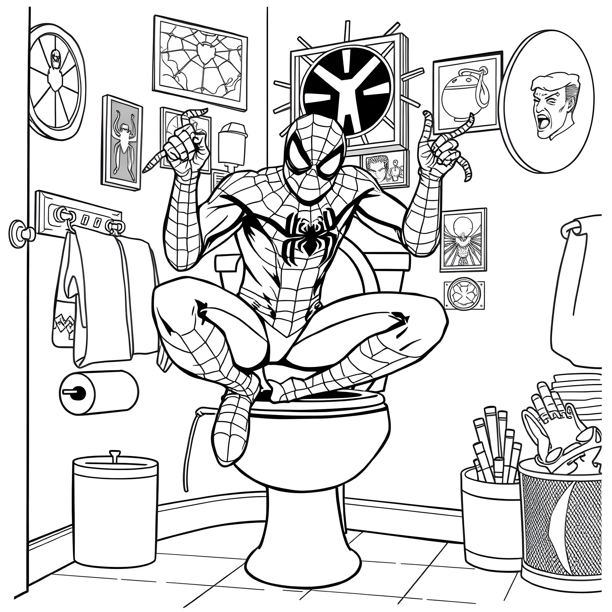 Spider-Man relaxing on the toilet in a messy room Coloring Page (free black-and-white line drawing printable PDF for all, from beginners to advanced learners, including children, teens, adults, and seniors)
