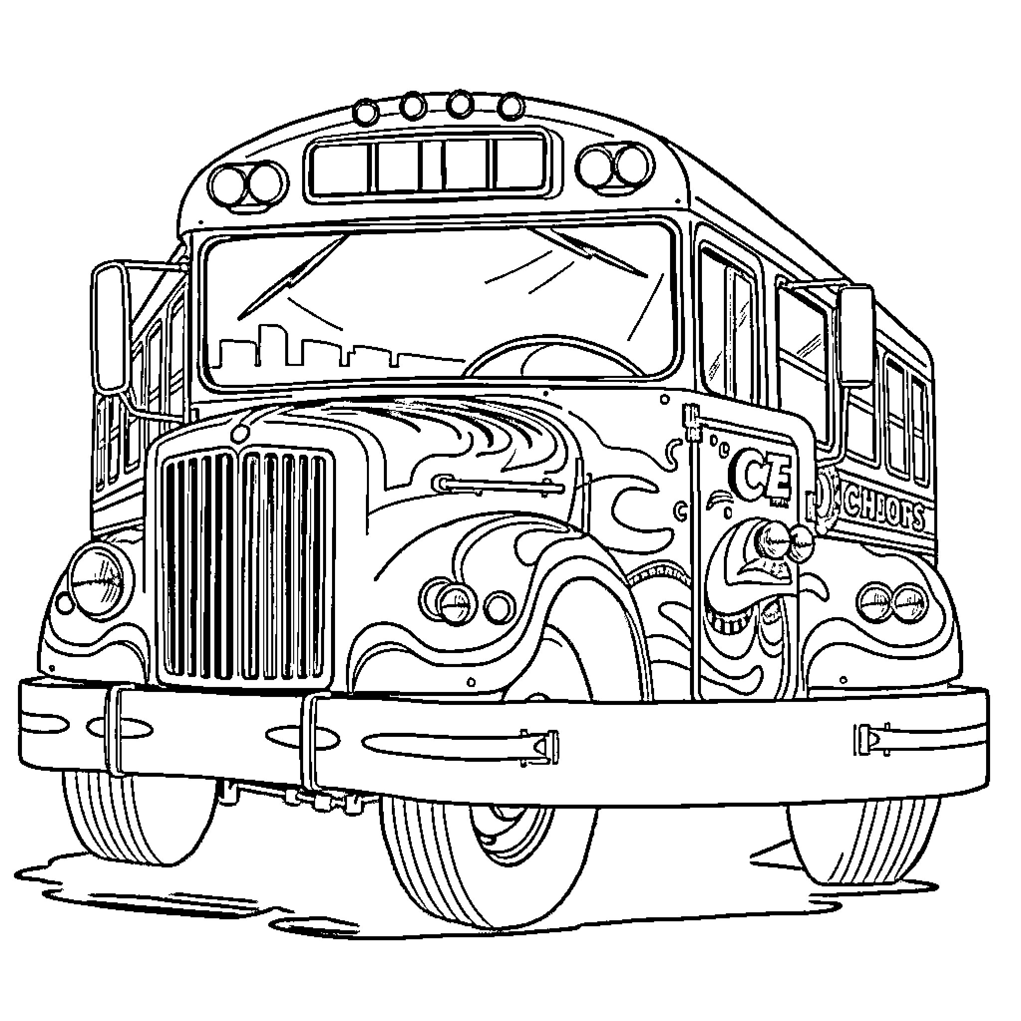 School Bus with Playful Cartoon Characters Coloring Page (free black-and-white line drawing printable PDF for all, from beginners to advanced learners, including children, teens, adults, and seniors)