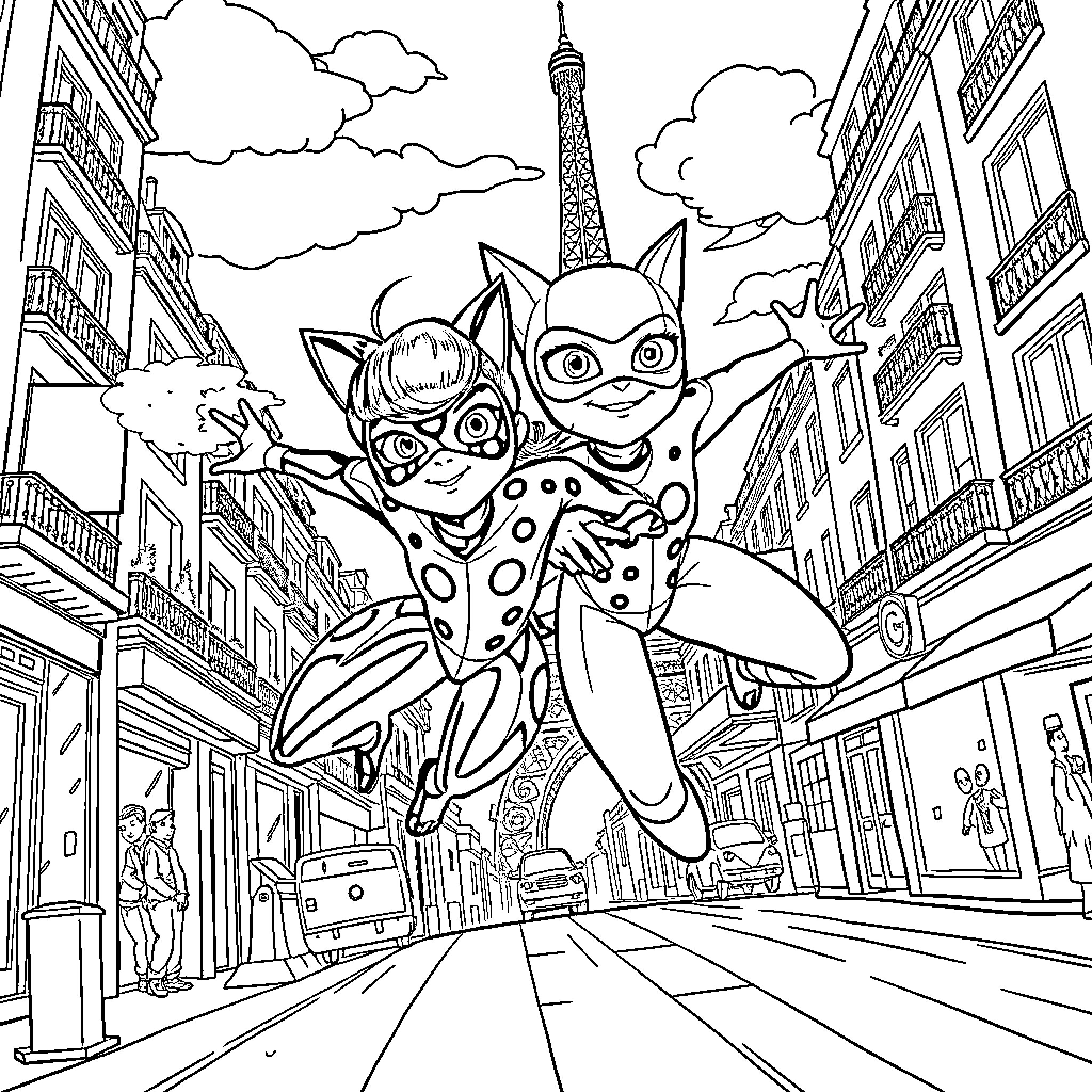 Ladybug superheroes flying over the streets of Paris Coloring Page (free black-and-white line drawing printable PDF for all, from beginners to advanced learners, including children, teens, adults, and seniors)