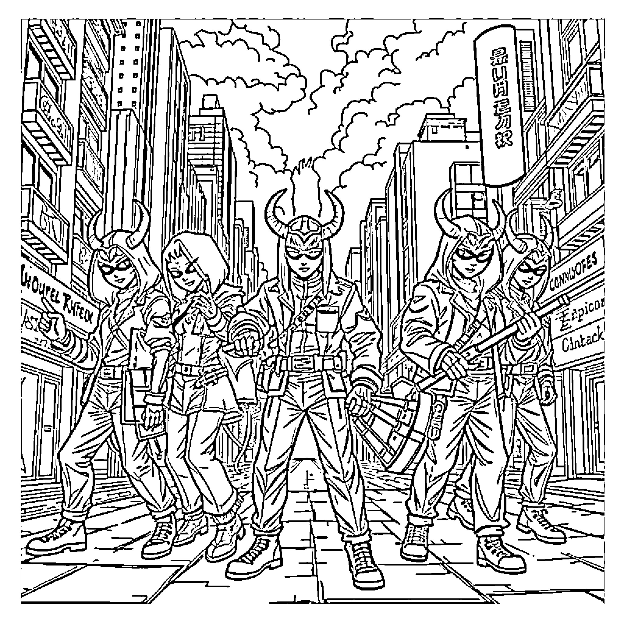 Demon Hunters Battling in the Cyberpunk City Coloring Page (free black-and-white line drawing printable PDF for all, from beginners to advanced learners, including children, teens, adults, and seniors)