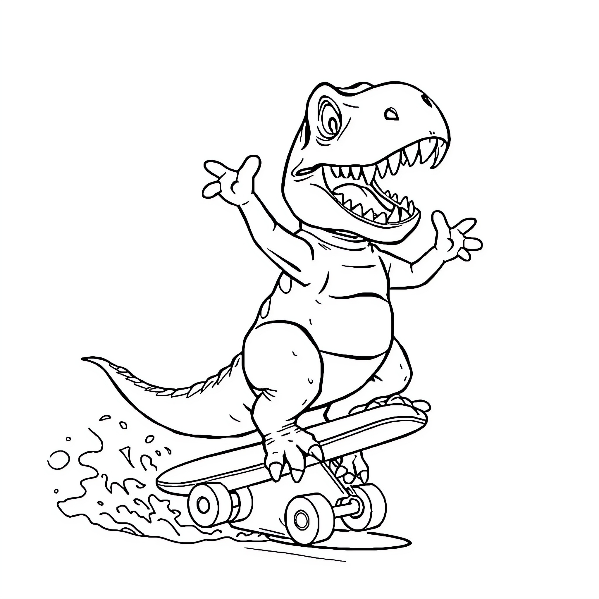 T-Rex riding skateboard with excitement Coloring Page (free black-and-white line drawing printable PDF for all, from beginners to advanced learners, including children, teens, adults, and seniors)
