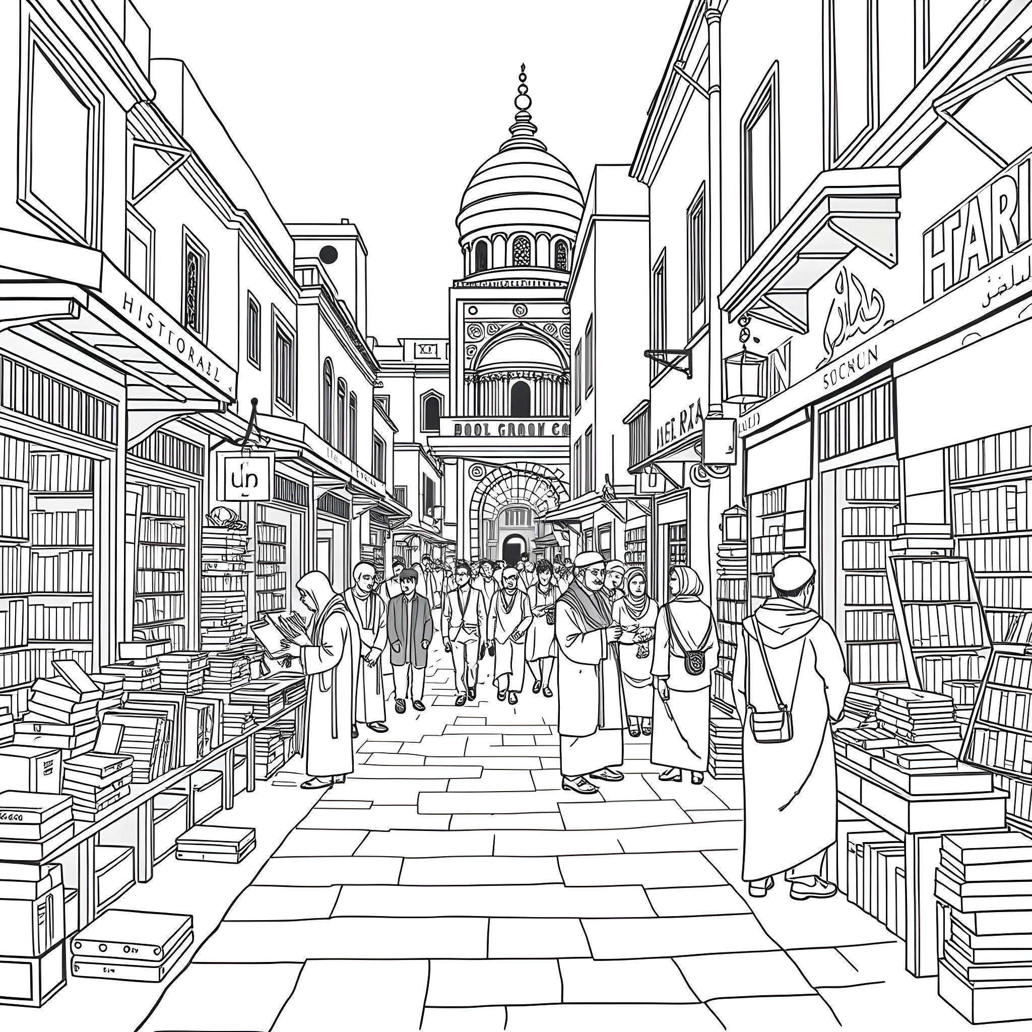 Life in a Bustling Marketplace Coloring Page (free black-and-white line drawing printable PDF for all, from beginners to advanced learners, including children, teens, adults, and seniors)