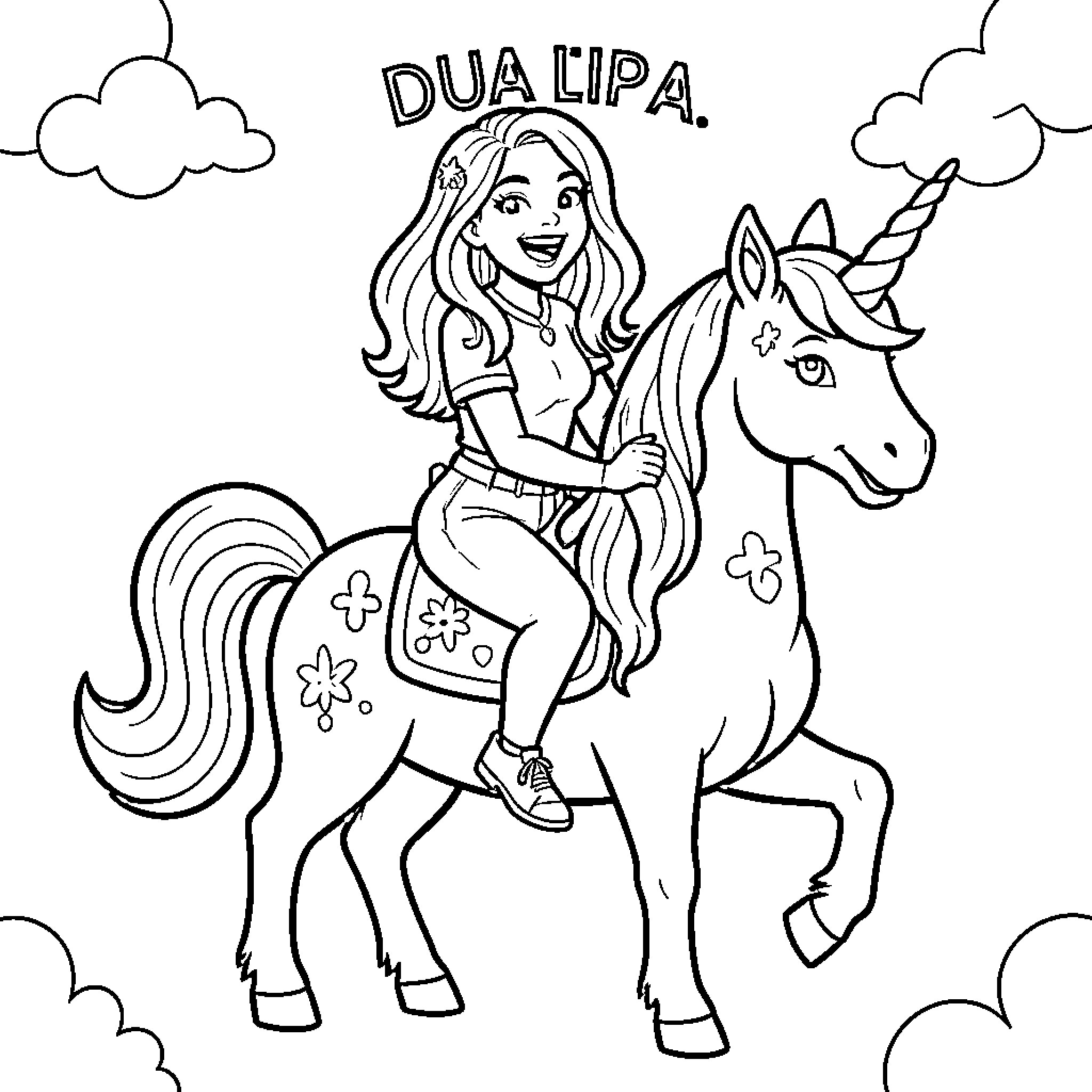 Unicorn being ridden by a smiling girl in clouds Coloring Page (free black-and-white line drawing printable PDF for all, from beginners to advanced learners, including children, teens, adults, and seniors)