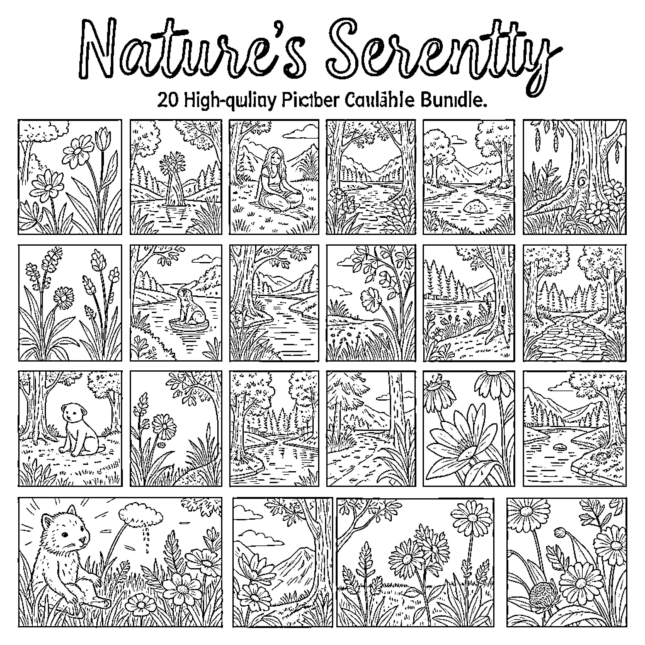 Nature scenes featuring animals, flowers, and peaceful landscapes Coloring Page (free black-and-white line drawing printable PDF for all, from beginners to advanced learners, including children, teens, adults, and seniors)