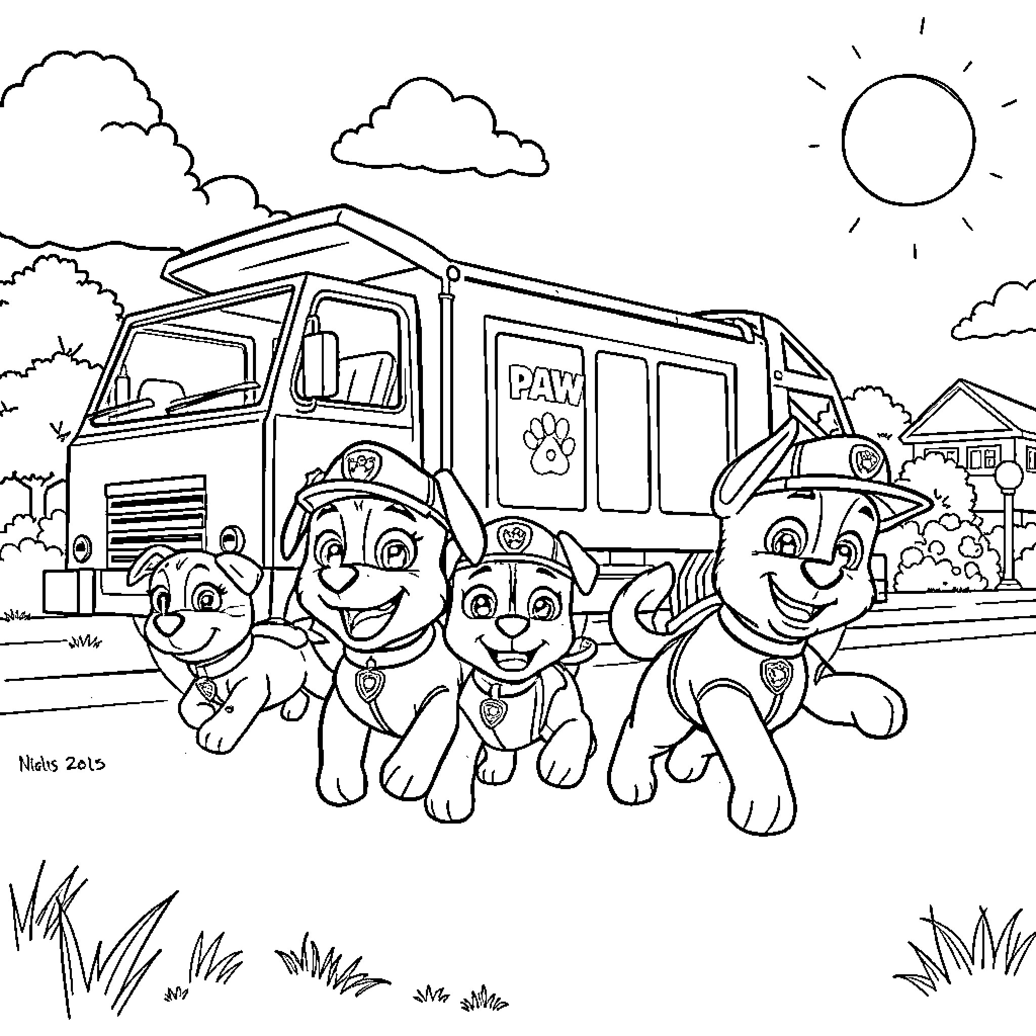 Dog pups happily riding in the Paw Patrol truck Coloring Page (free black-and-white line drawing printable PDF for all, from beginners to advanced learners, including children, teens, adults, and seniors)