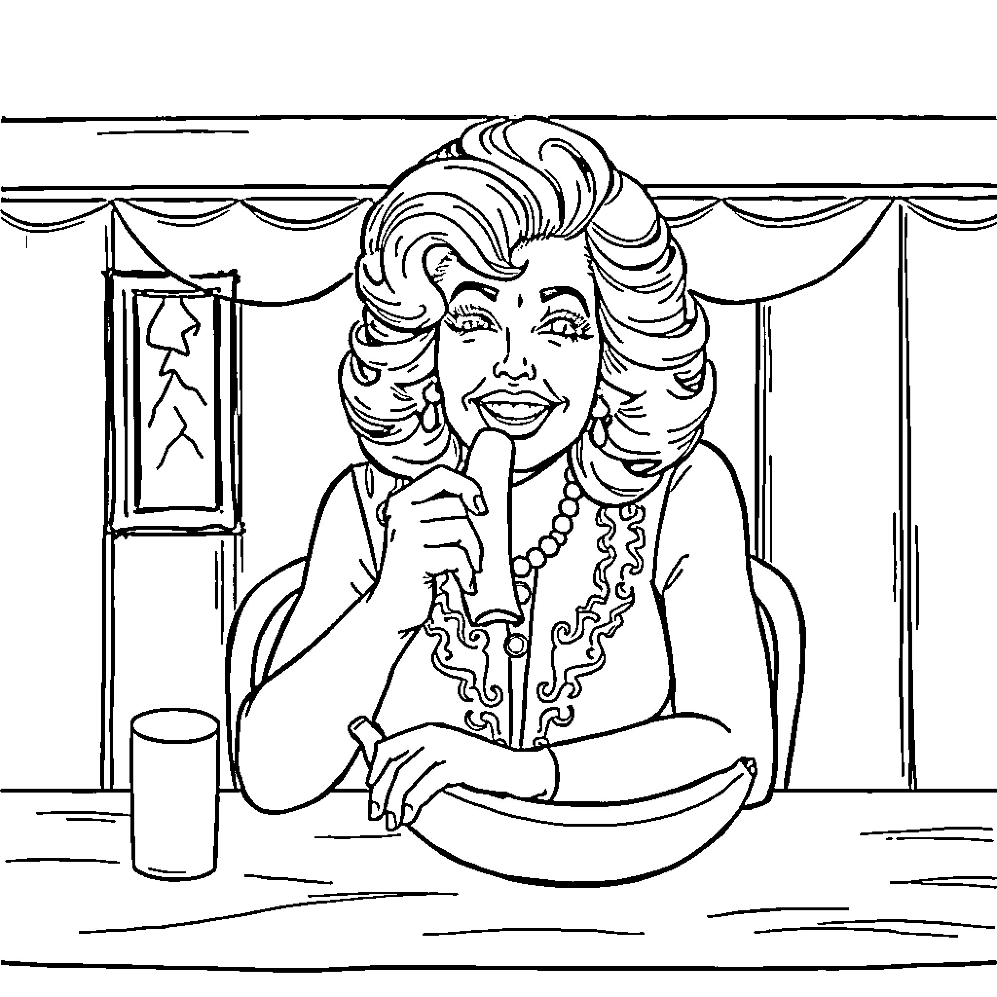 Dolly Parton Posing Cheerfully at a Stage Curtain Coloring Page (free black-and-white line drawing printable PDF for all, from beginners to advanced learners, including children, teens, adults, and seniors)