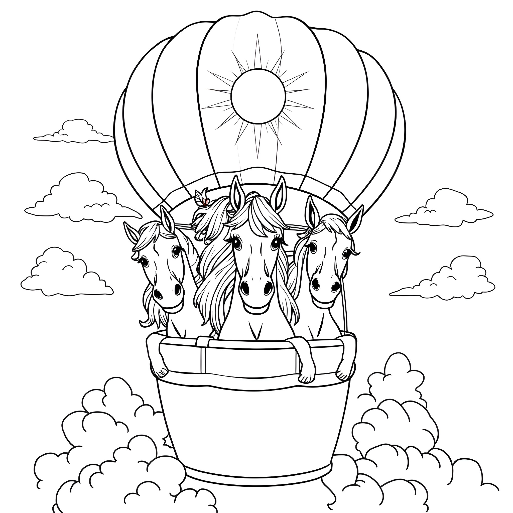 Horses soaring high in a hot air balloon Coloring Page (free black-and-white line drawing printable PDF for all, from beginners to advanced learners, including children, teens, adults, and seniors)