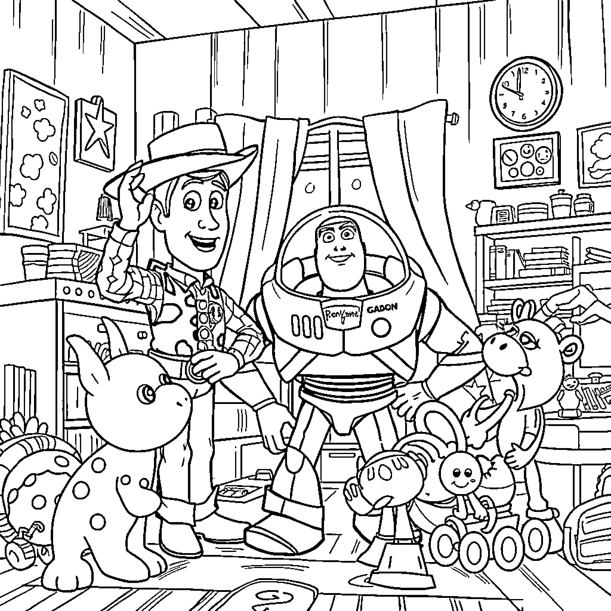 Toy Story Characters in Familiar Setting Coloring Page (free black-and-white line drawing printable PDF for all, from beginners to advanced learners, including children, teens, adults, and seniors)