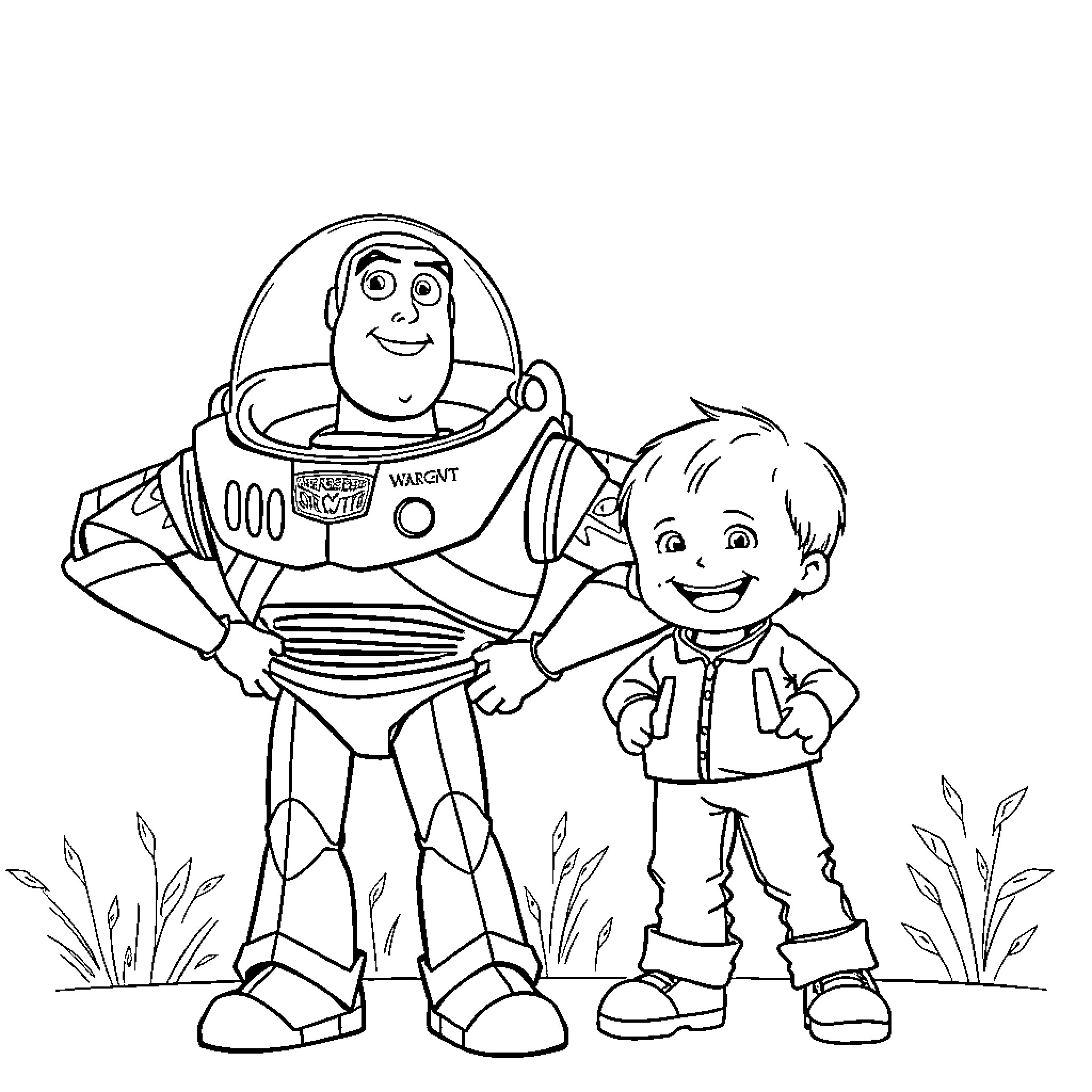 Buzz Lightyear and a young boy exploring together Coloring Page (free black-and-white line drawing printable PDF for all, from beginners to advanced learners, including children, teens, adults, and seniors)