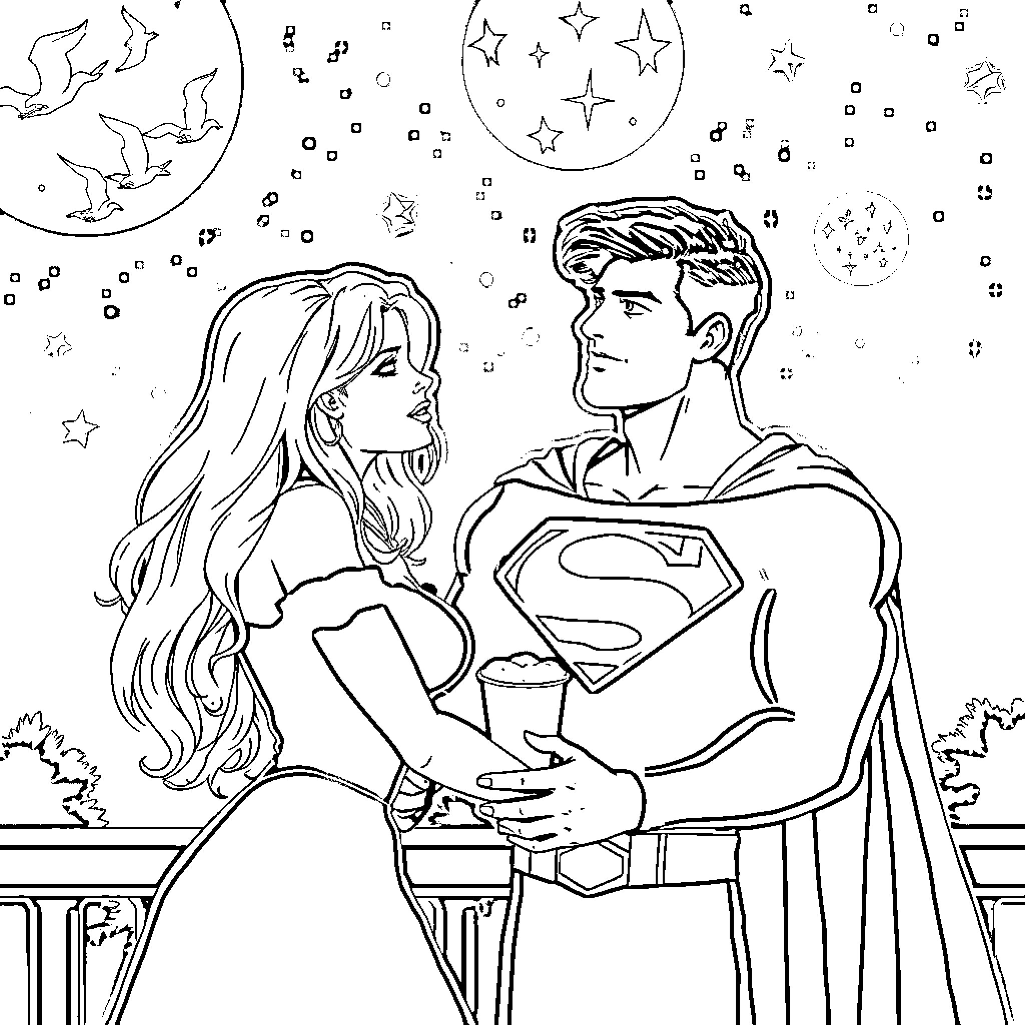 Buffy Summers and Superman under the starry night Coloring Page (free black-and-white line drawing printable PDF for all, from beginners to advanced learners, including children, teens, adults, and seniors)