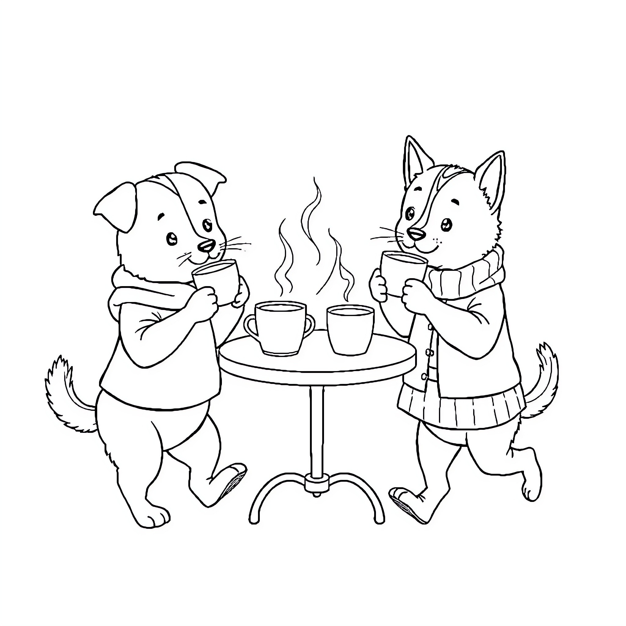 Animal friends enjoying a warm beverage together Coloring Page (free black-and-white line drawing printable PDF for all, from beginners to advanced learners, including children, teens, adults, and seniors)