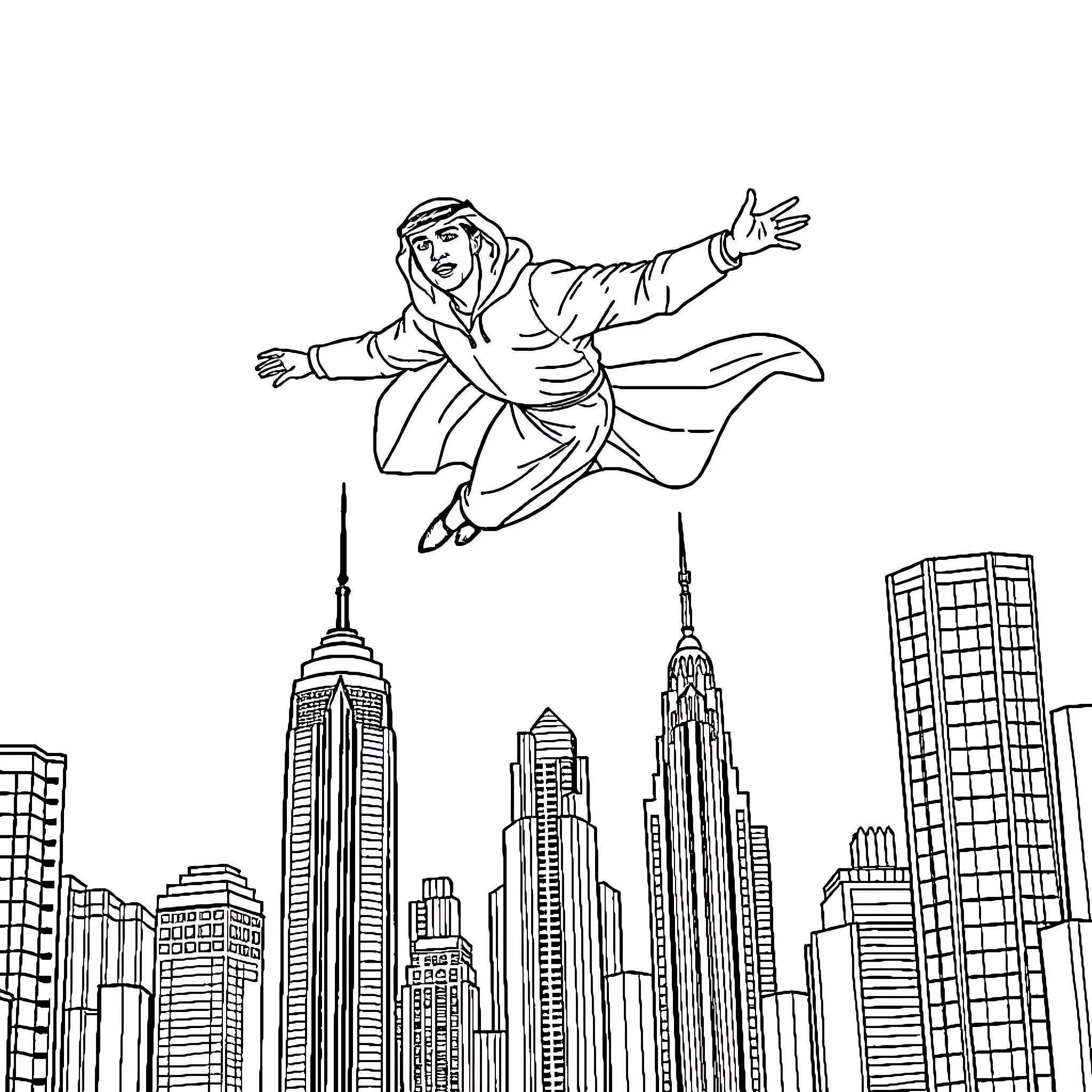 Sakhtiman Superhero Soaring over the City Coloring Page (free black-and-white line drawing printable PDF for all, from beginners to advanced learners, including children, teens, adults, and seniors)