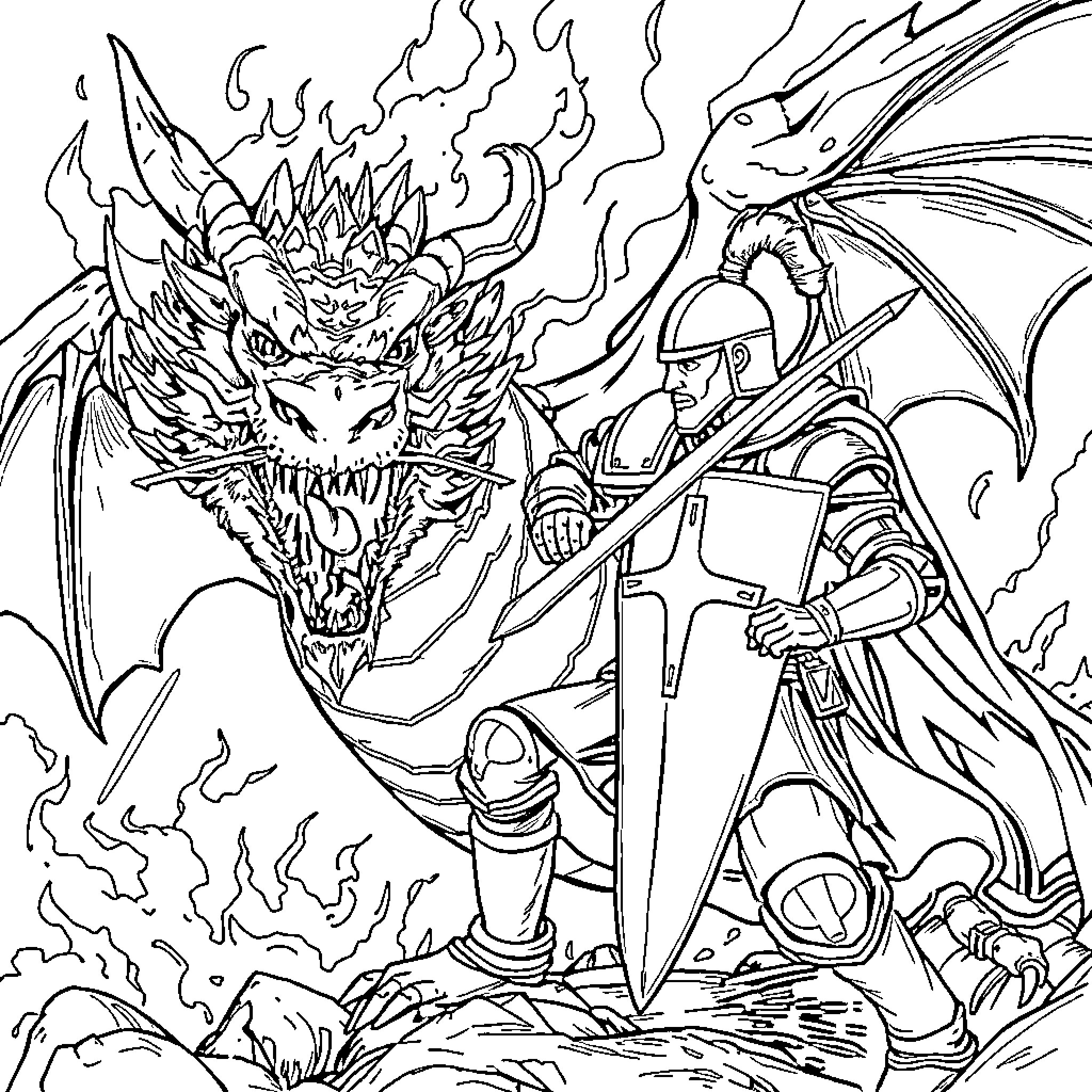 Knight battles the fearsome dragon in a fiery clash Coloring Page (free black-and-white line drawing printable PDF for all, from beginners to advanced learners, including children, teens, adults, and seniors)