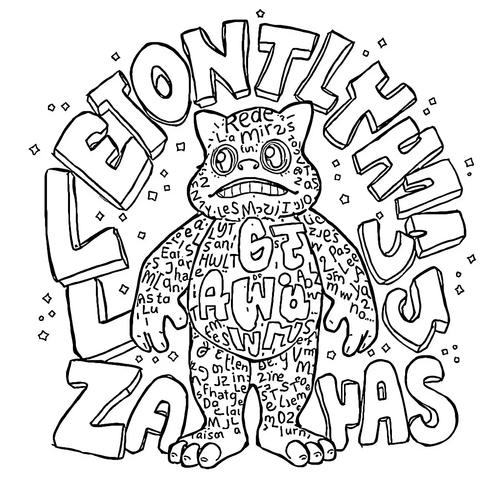 Labubu's Joyful Doodle Exploration Coloring Page (free black-and-white line drawing printable PDF for all, from beginners to advanced learners, including children, teens, adults, and seniors)
