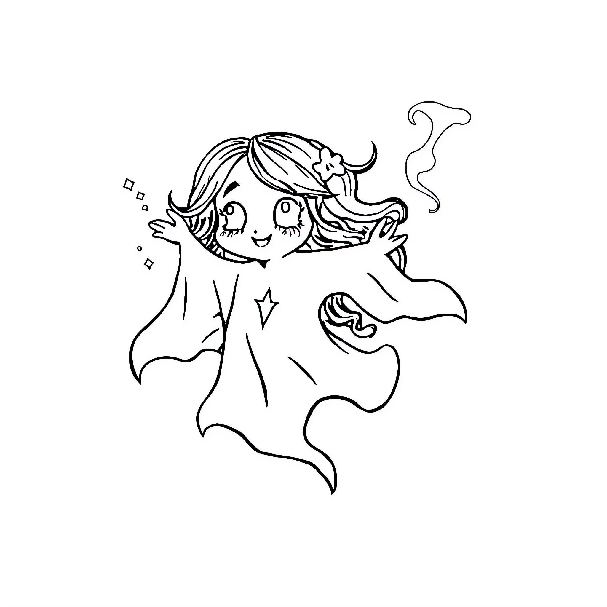 Ghost Girl Dancing Joyfully Coloring Page (free black-and-white line drawing printable PDF for all, from beginners to advanced learners, including children, teens, adults, and seniors)