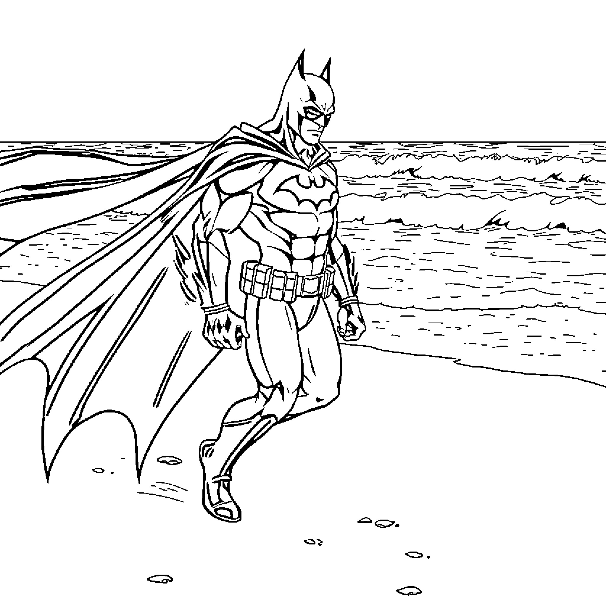 Batman in heroic stance on the beach Coloring Page (free black-and-white line drawing printable PDF for all, from beginners to advanced learners, including children, teens, adults, and seniors)