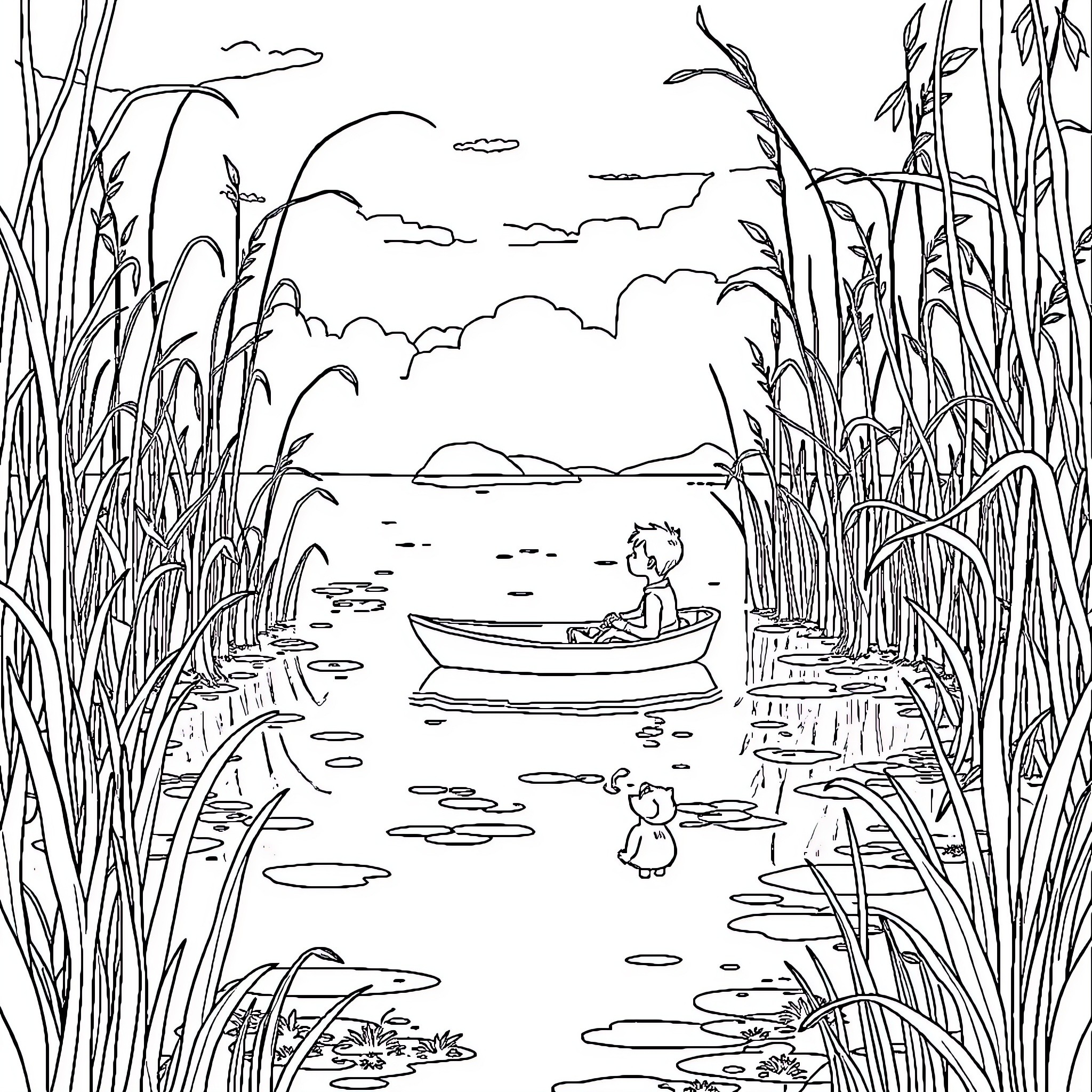 Boy exploring nature in a small boat Coloring Page (free black-and-white line drawing printable PDF for all, from beginners to advanced learners, including children, teens, adults, and seniors)