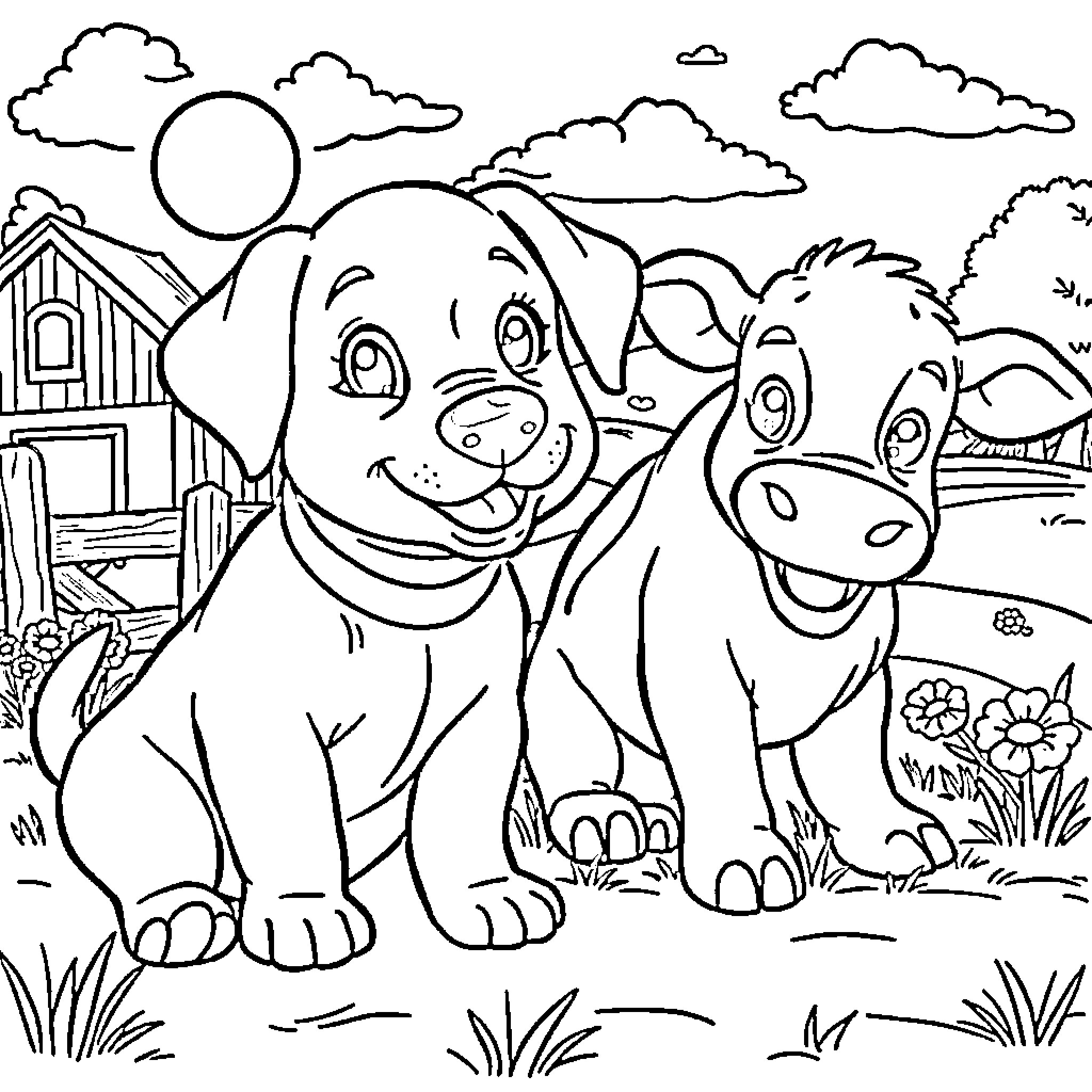Puppy and friends exploring the countryside Coloring Page (free black-and-white line drawing printable PDF for all, from beginners to advanced learners, including children, teens, adults, and seniors)