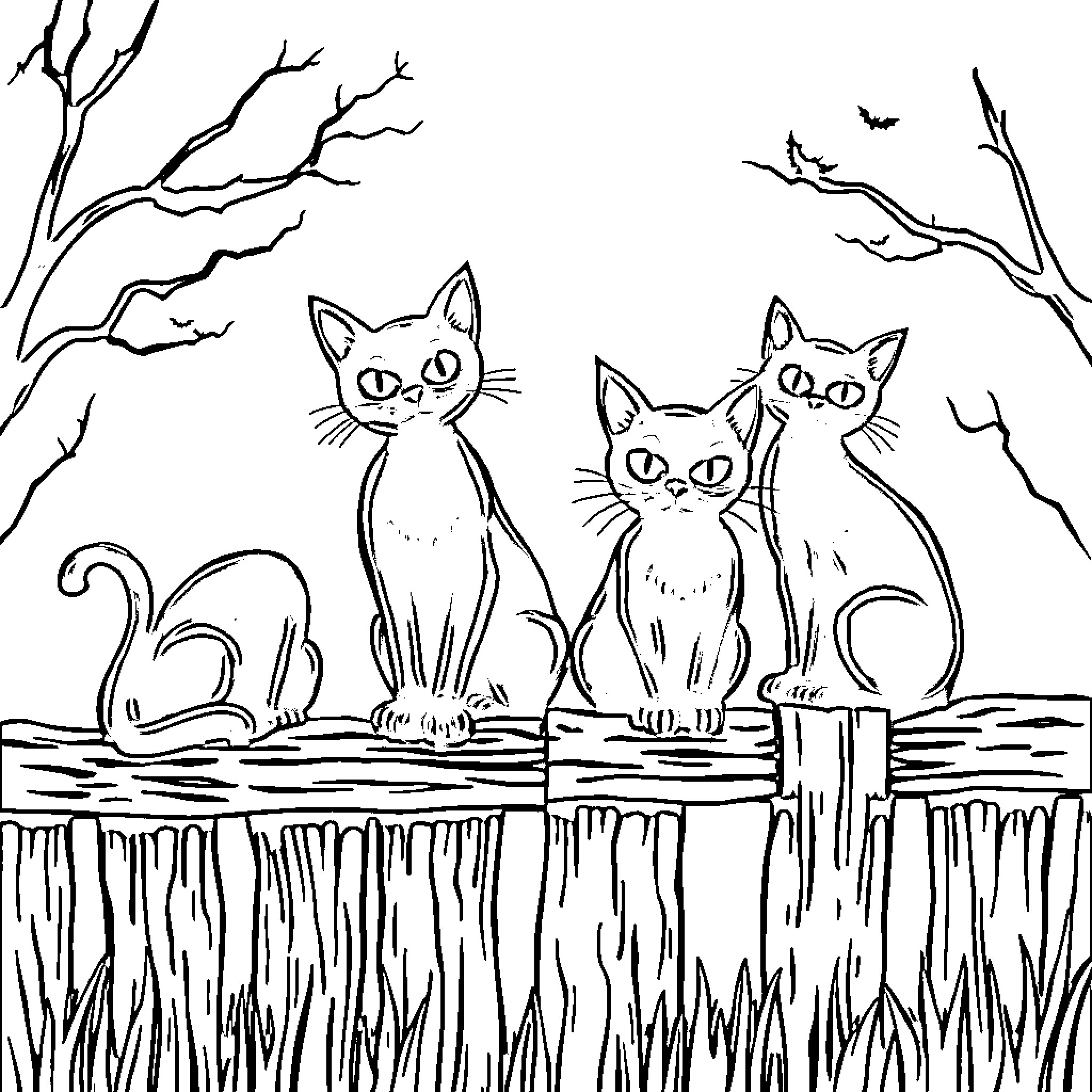 Cats on a Spooky Night Coloring Page (free black-and-white line drawing printable PDF for all, from beginners to advanced learners, including children, teens, adults, and seniors)