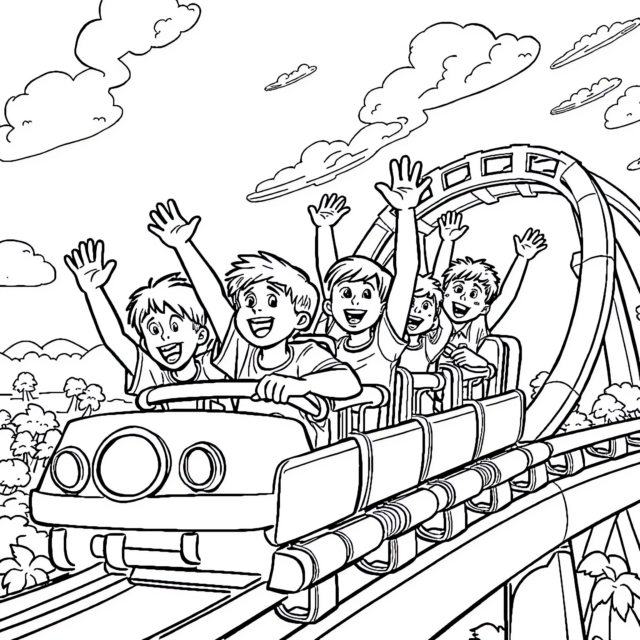 Kid's thrilling ride on an amusement park roller coaster Coloring Page (free black-and-white line drawing printable PDF for all, from beginners to advanced learners, including children, teens, adults, and seniors)